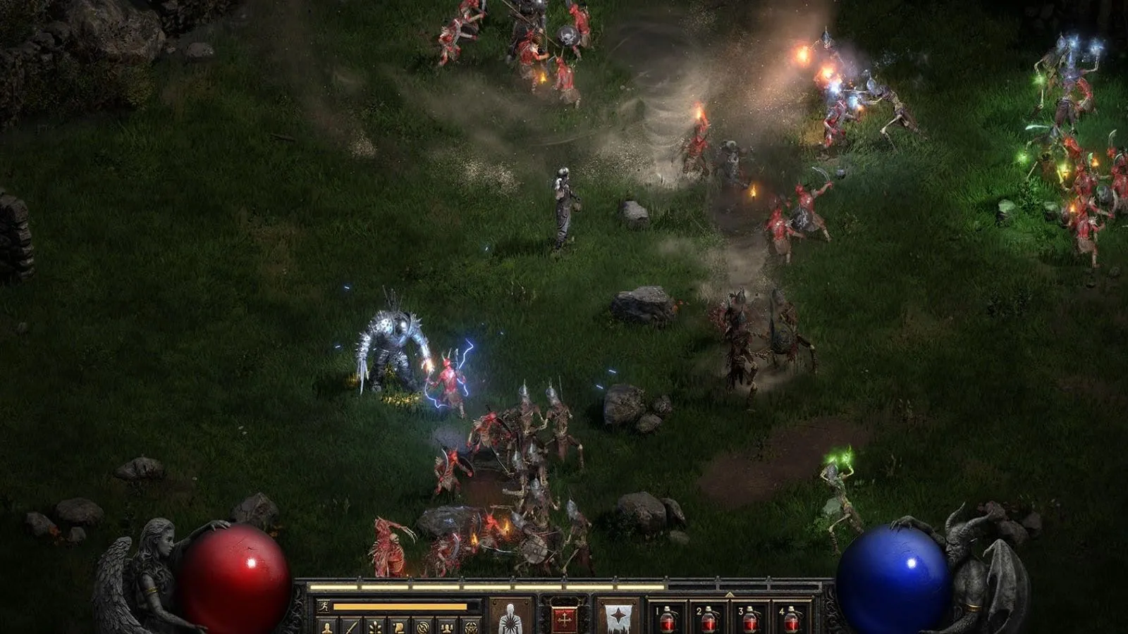 Pháp sư chiến đấu trong Diablo 2 Resurrected, thể hiện lối chơi ARPG huyền thoại.