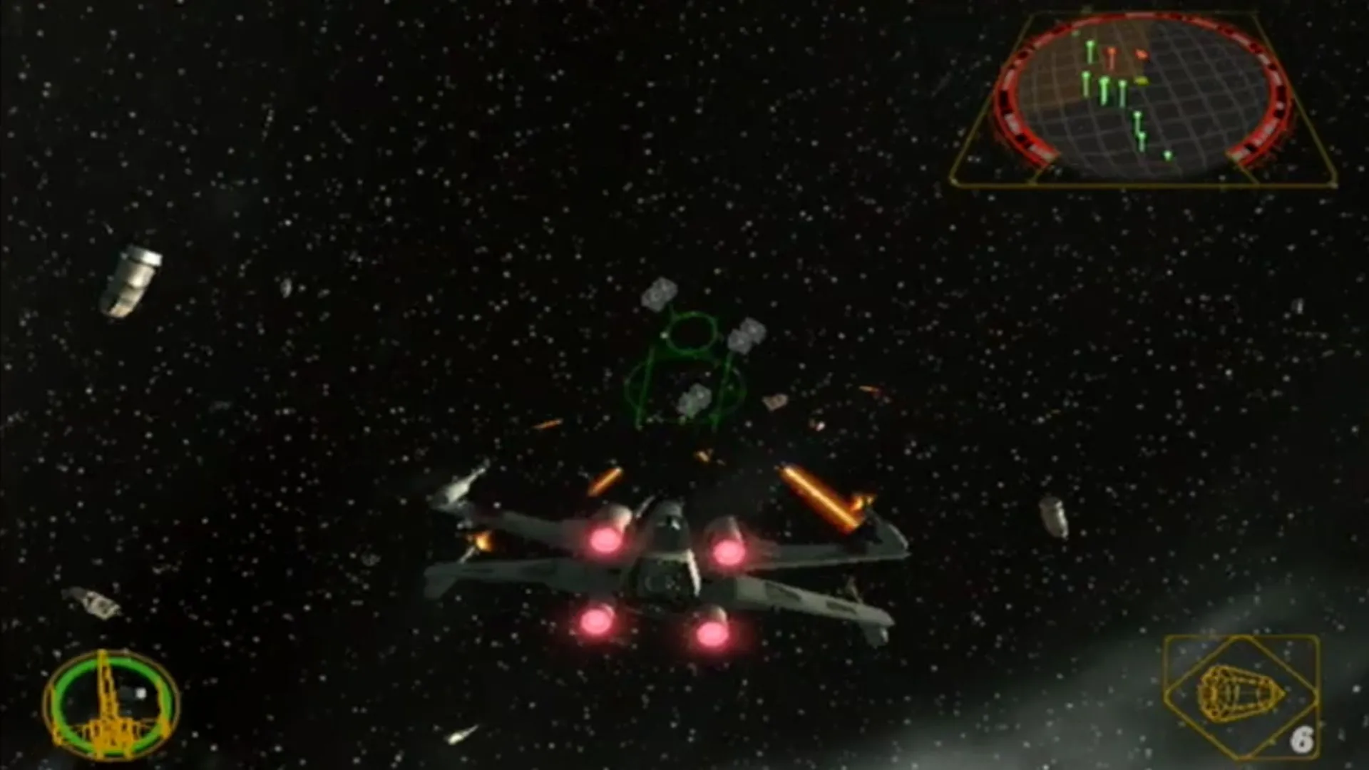 Phi thuyền X-Wing của phe Rebel chiến đấu với các TIE Fighter của Đế chế trong không gian, từ game Star Wars Rogue Squadron II: Rogue Leader
