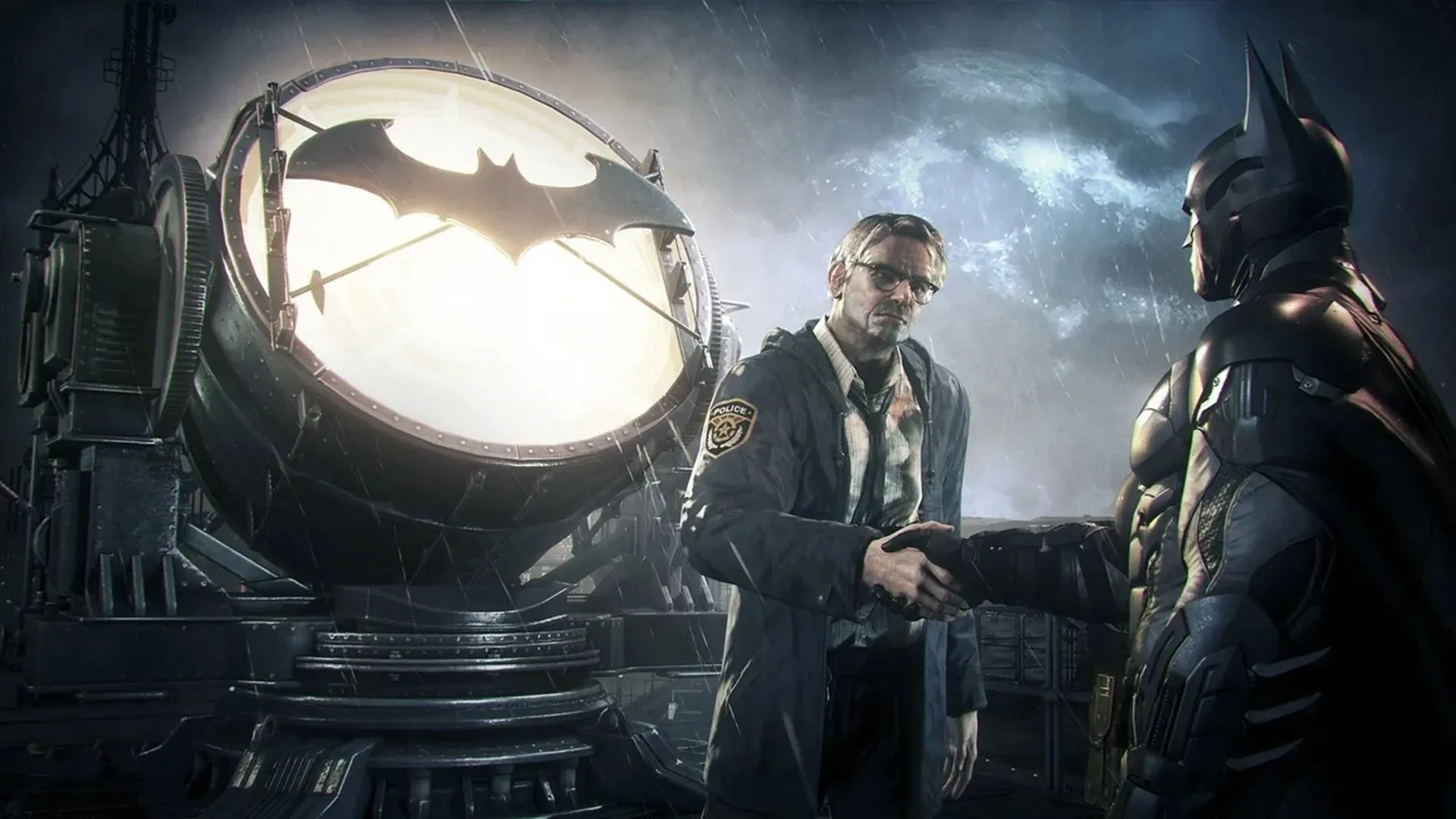 Phong cảnh gothic u ám của thành phố Gotham trong Batman: Arkham Knight, thể hiện đồ họa đỉnh cao và tông màu đặc trưng của series.