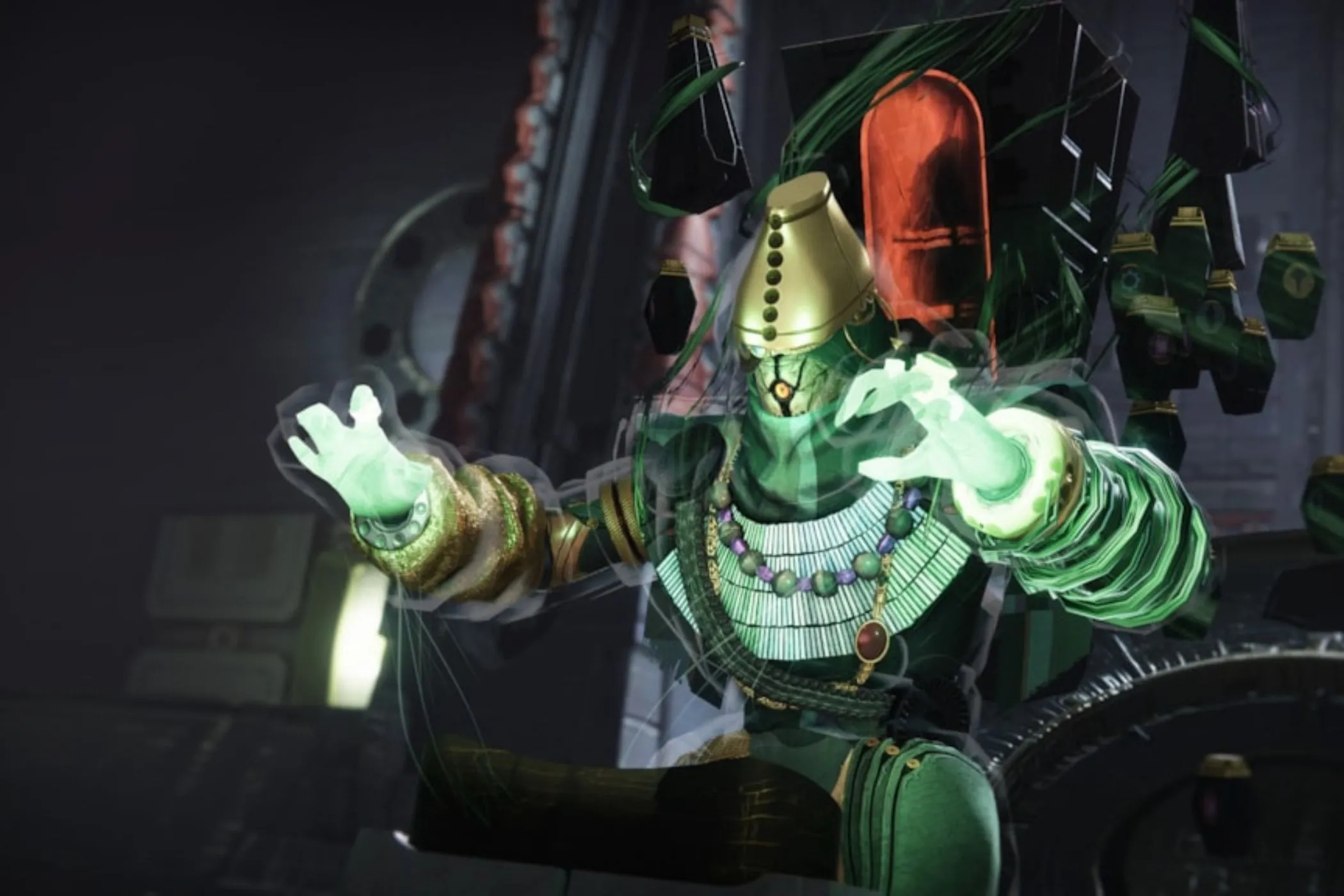 Phù thủy Warlock trong Destiny 2 với trang phục xanh lục và tay nâng lên