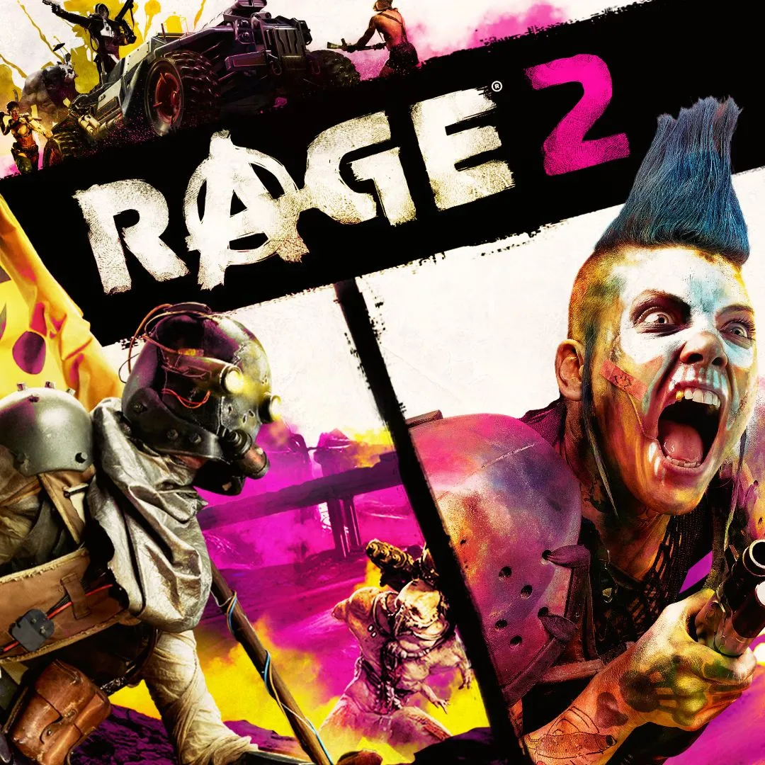 Poster game Rage 2 với nhân vật chính và bối cảnh thế giới hậu tận thế đầy màu sắc nhưng hỗn loạn.