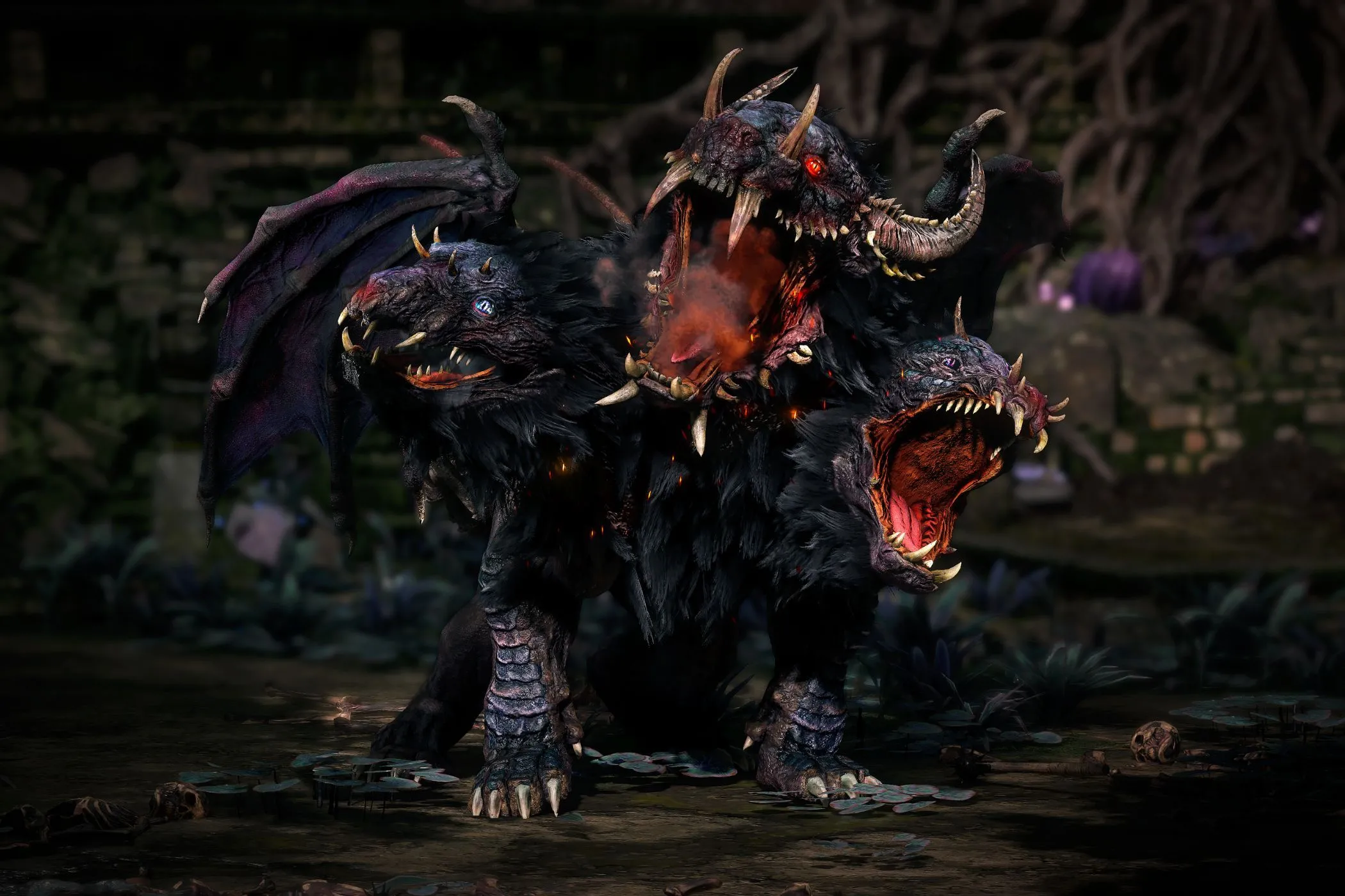 Quái vật chó ba đầu Cerberus hung tợn trong một phân cảnh chiến đấu của Path of Exile 2