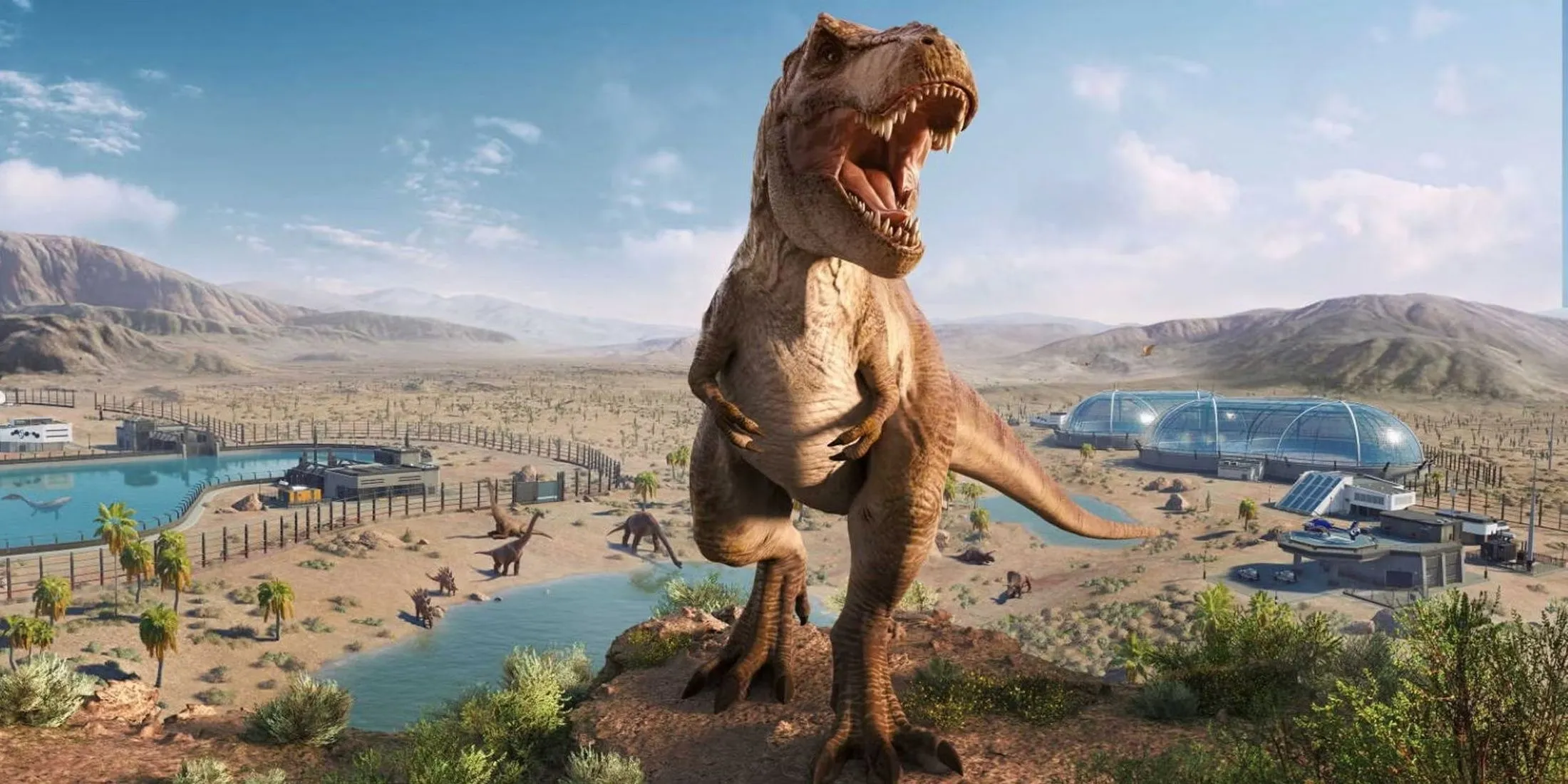 Quang cảnh toàn diện một công viên khủng long đã được xây dựng trong game Jurassic World Evolution 2