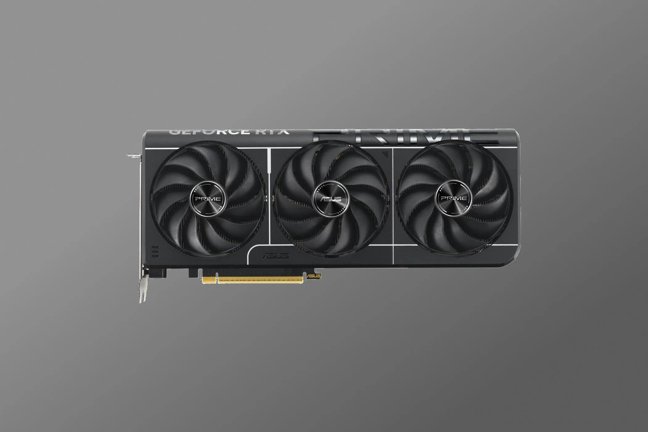 Render card đồ họa ASUS Prime GeForce RTX 5080 OC với thiết kế ba quạt đơn giản nhưng hiệu quả