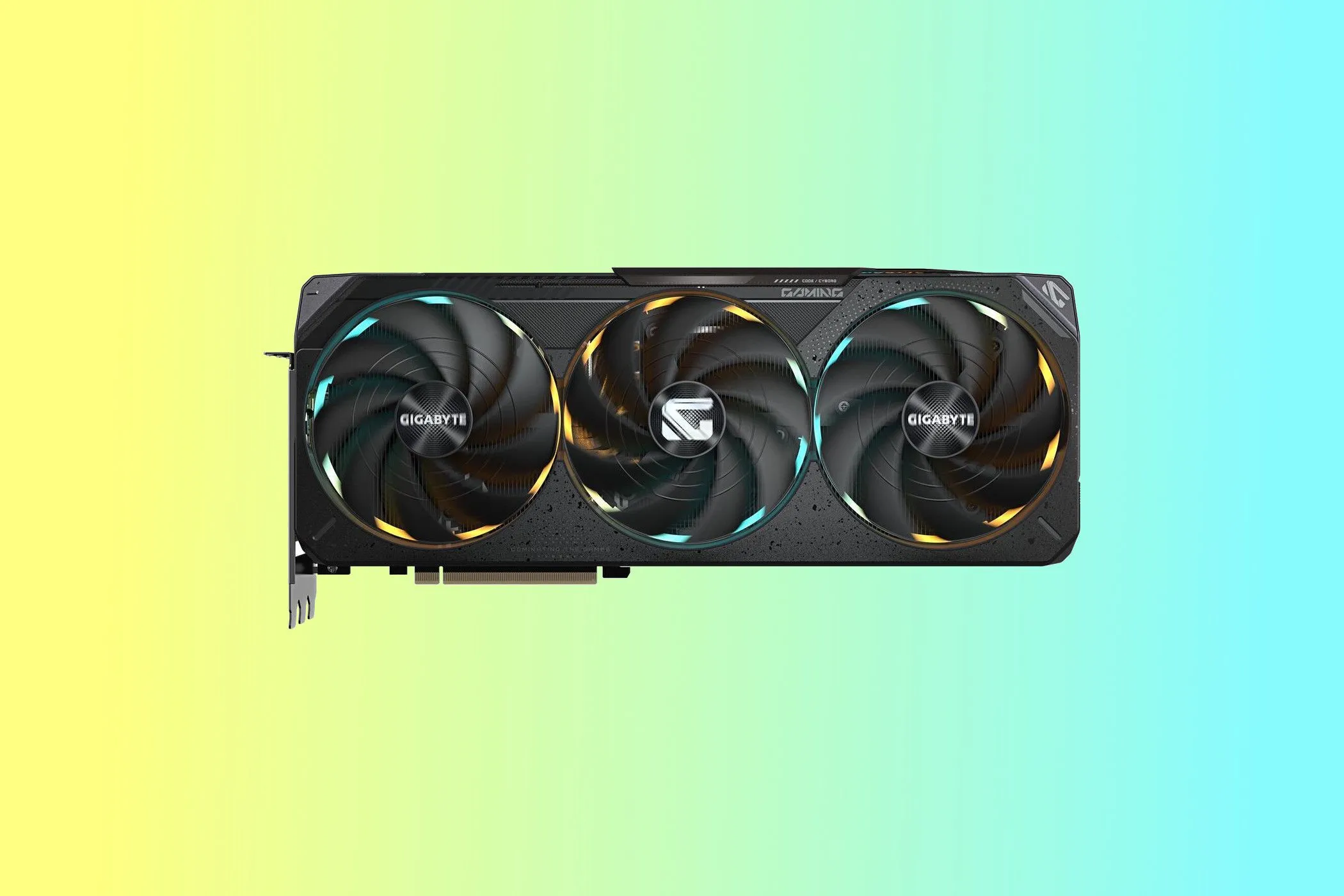 Render card đồ họa Gigabyte Gaming GeForce RTX 5080 OC với ba quạt lớn và dải đèn LED