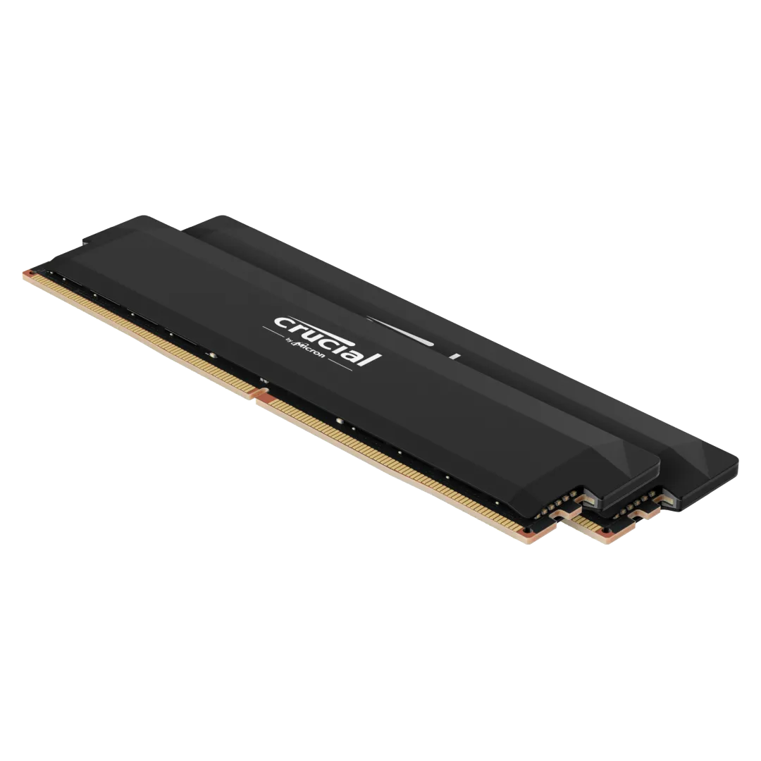 Render hai thanh RAM Crucial Pro Overclocking DDR5-6000, minh họa cấu hình RAM dual-channel giúp tăng hiệu suất đáng kể cho PC gaming.
