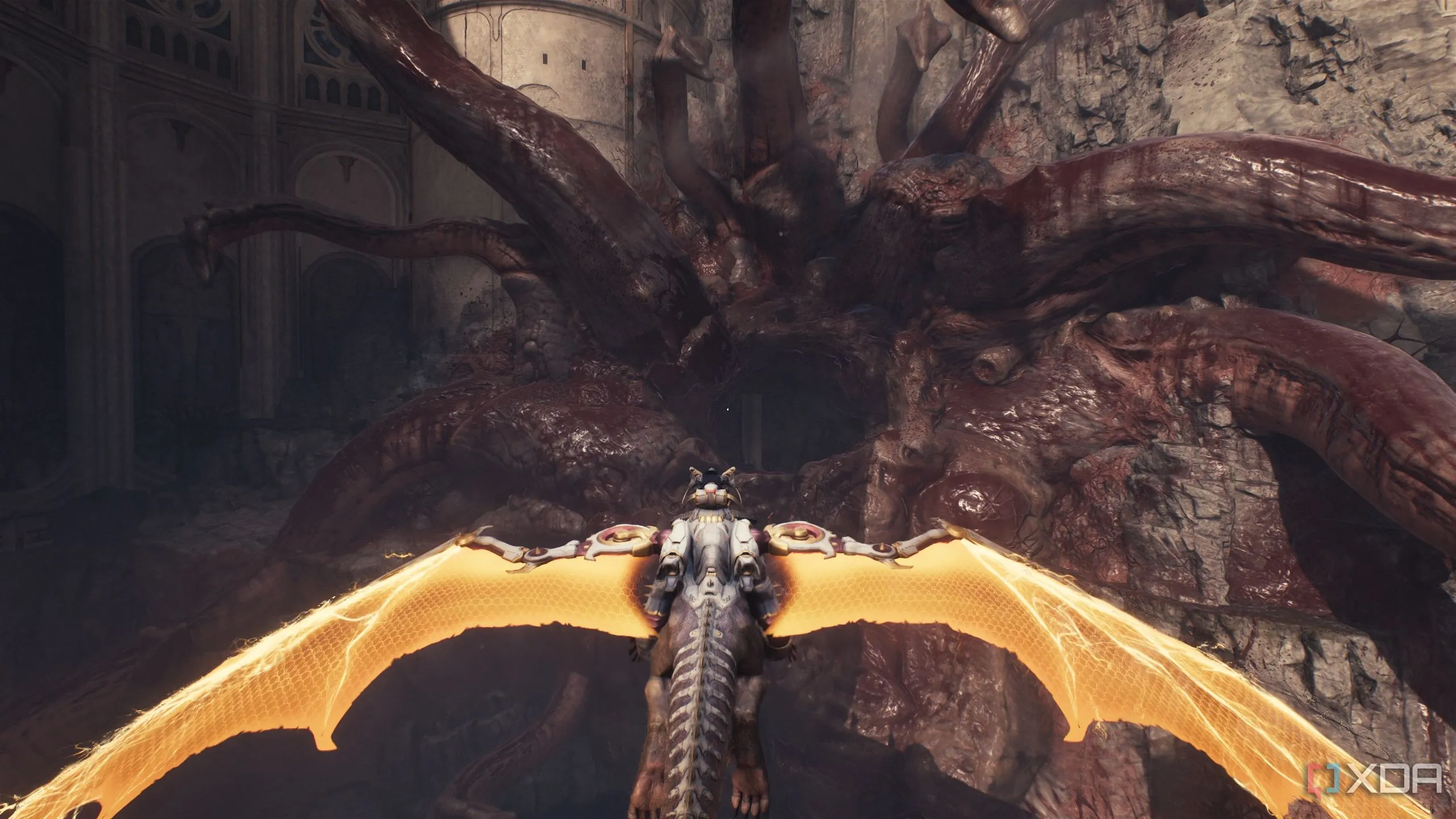 Rồng Serrat bay qua một Leviathan ma quỷ trong Doom The Dark Ages