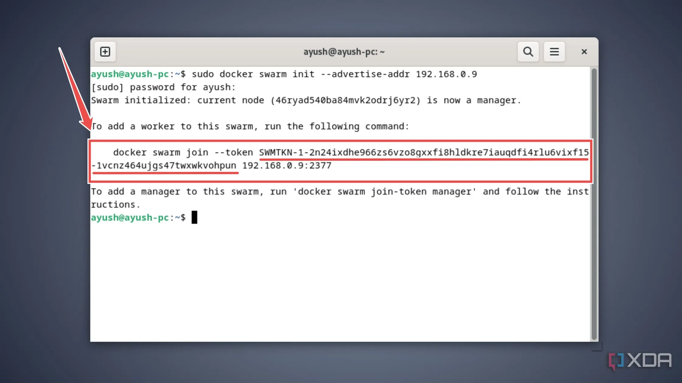 Sao chép token để các node worker có thể tham gia cụm Docker Swarm