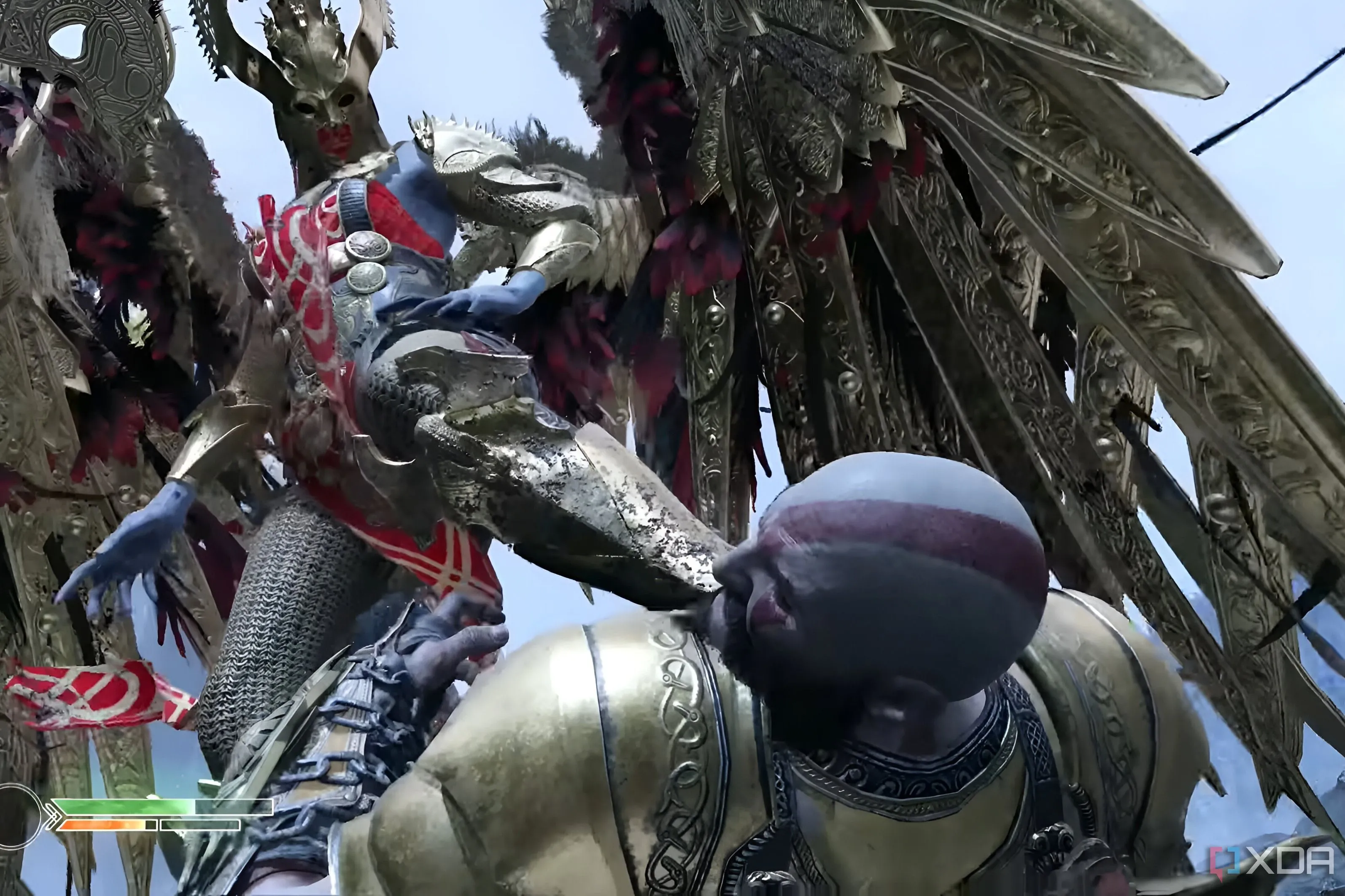 Sigrun, Nữ Hoàng Valkyrie, đạp lên mặt Kratos trong một phân cảnh của God of War (2018).
