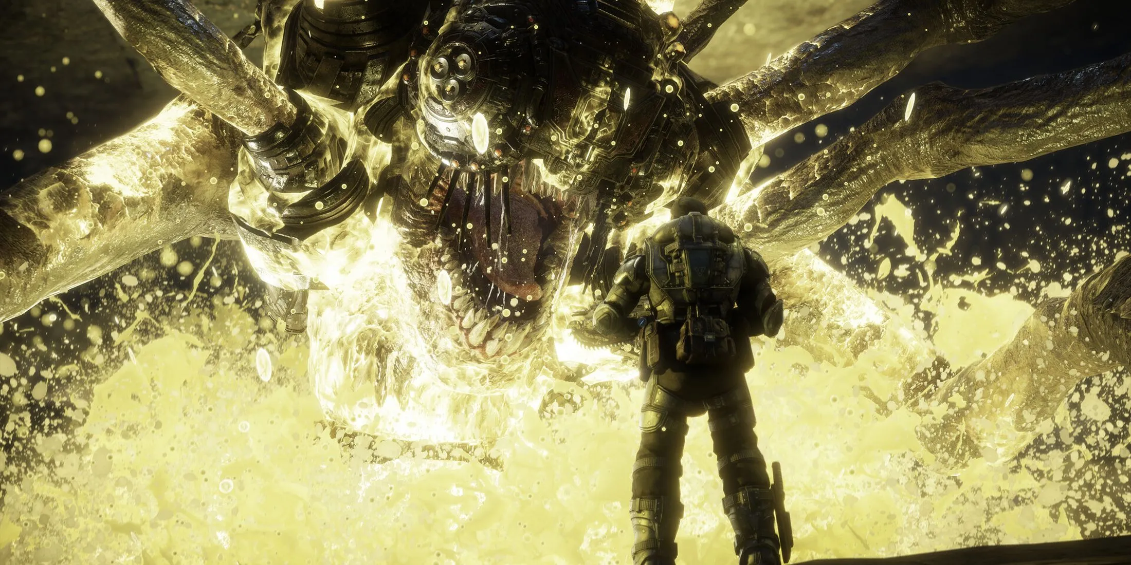 Sinh vật Corpser khổng lồ trong một cảnh chiến đấu kịch tính của Gears of War Ultimate Edition