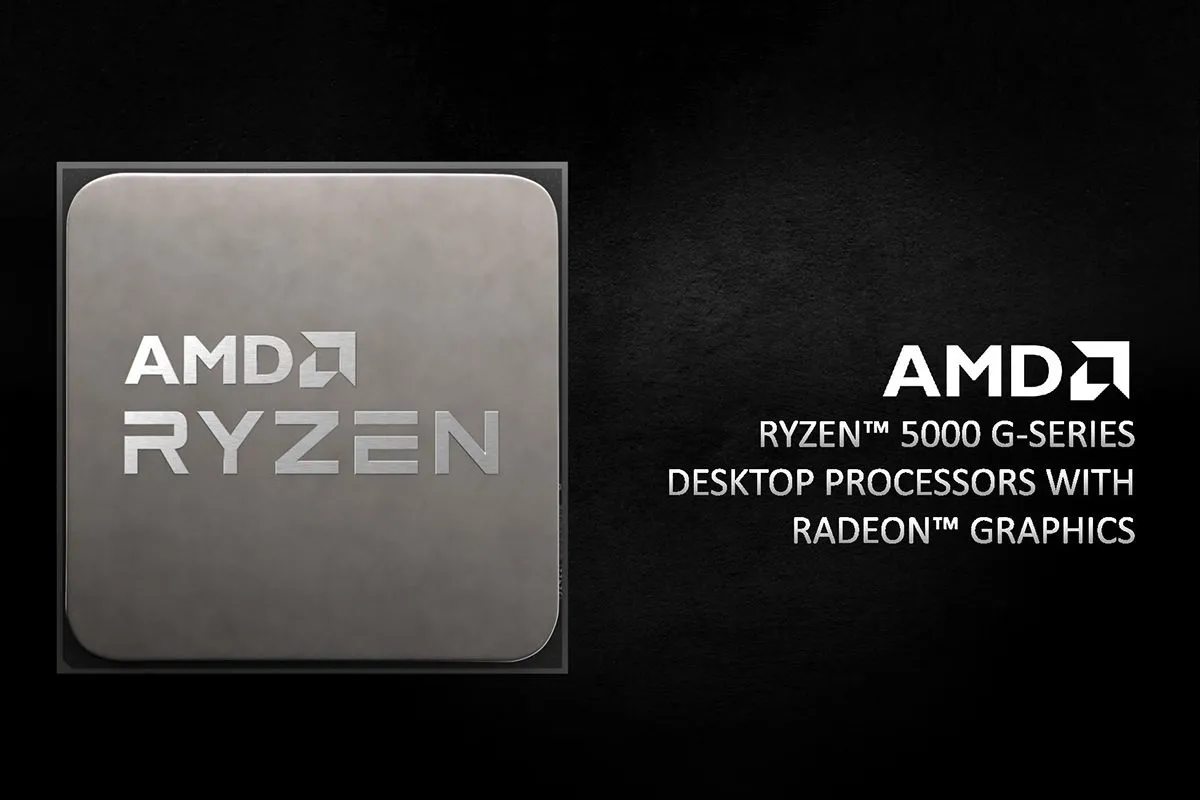 Slide thuyết trình về chip AMD Ryzen 5000G series, nhấn mạnh khả năng đồ họa tích hợp ấn tượng và hiệu suất cho người dùng AM4.