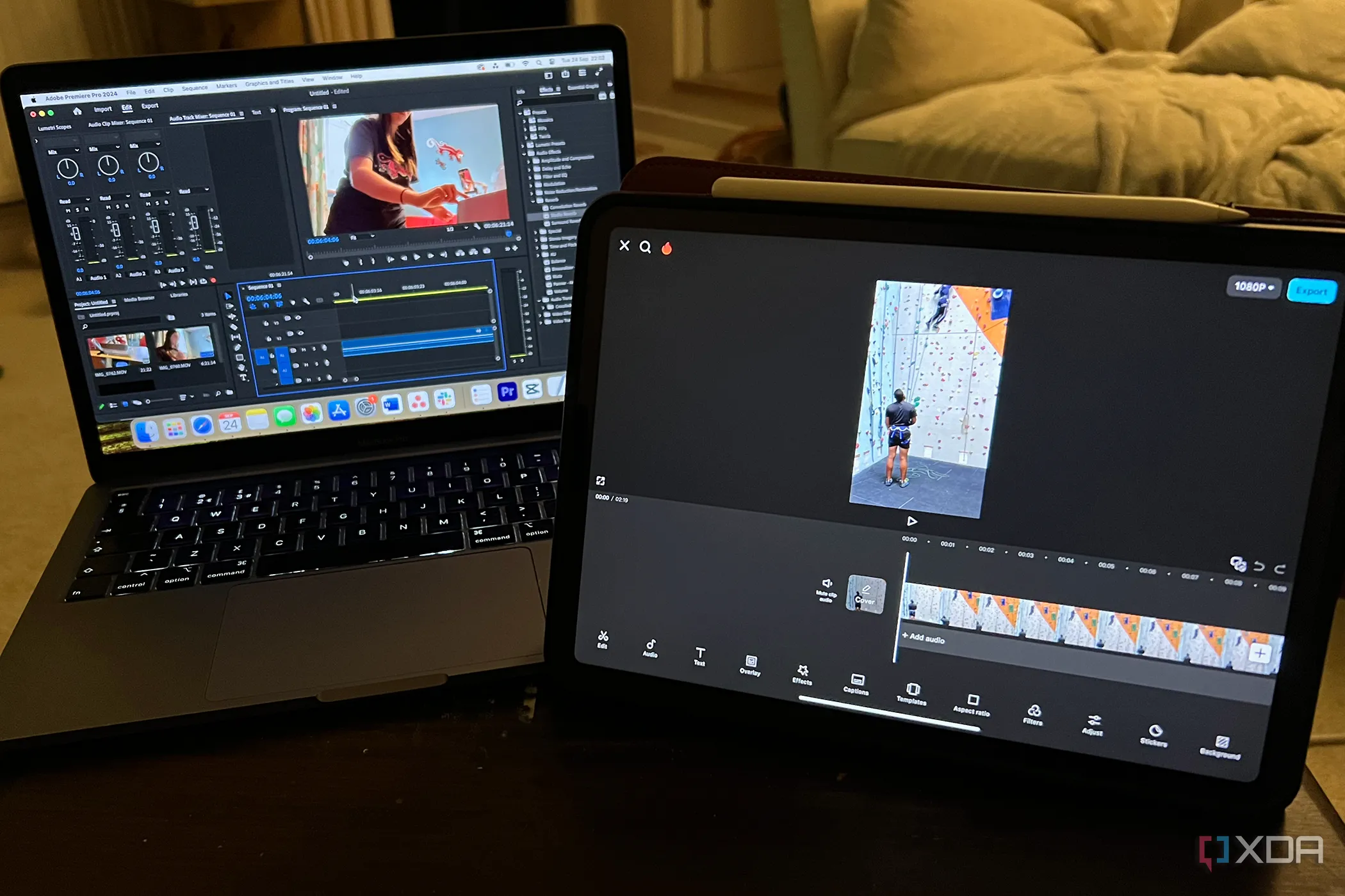 So sánh Adobe Premiere Pro trên MacBook và CapCut trên iPad, minh họa công cụ chỉnh sửa video linh hoạt