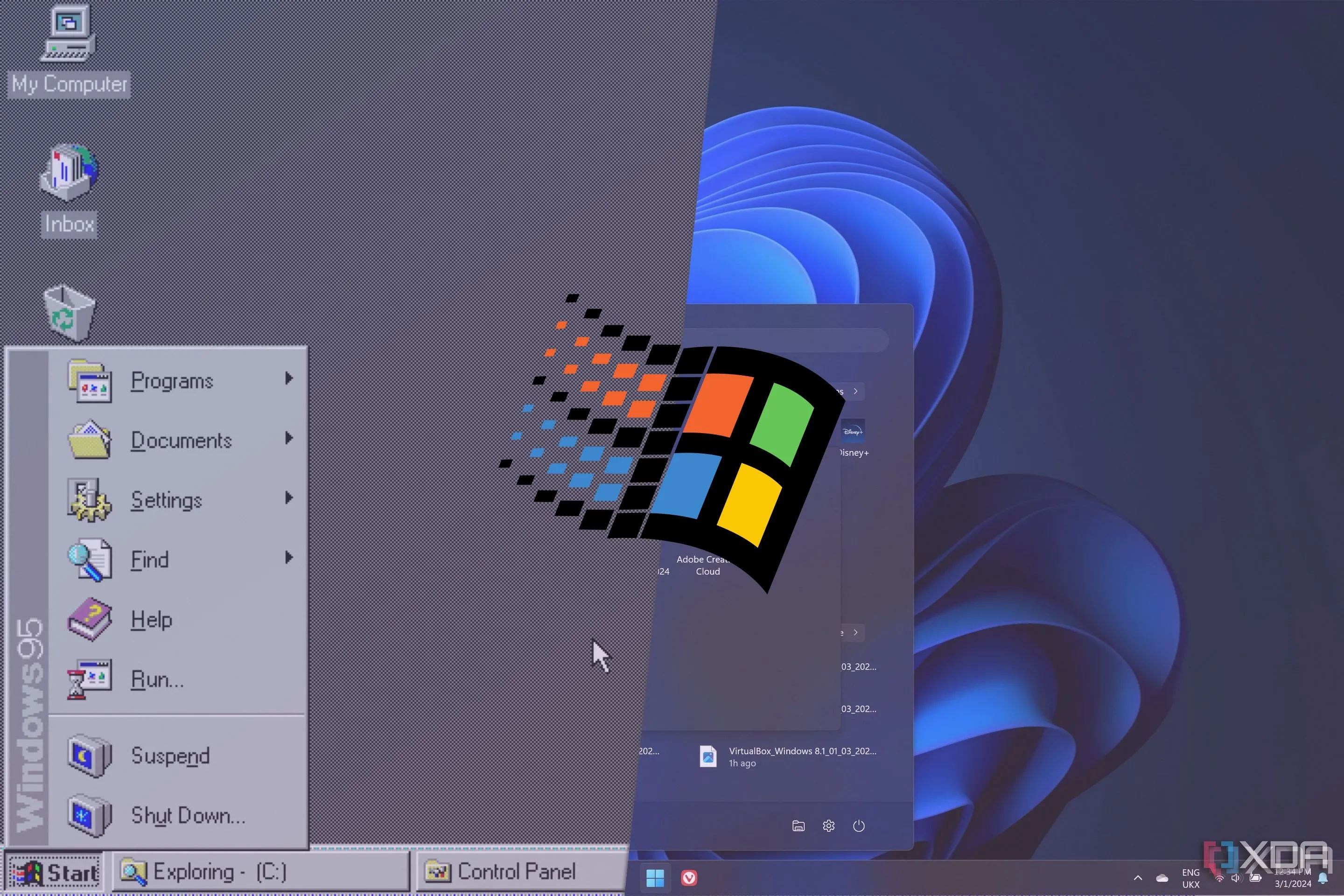 So sánh giao diện hệ điều hành Windows 95 và Windows 11, minh họa lịch sử phát triển và thay đổi tên gọi của Windows