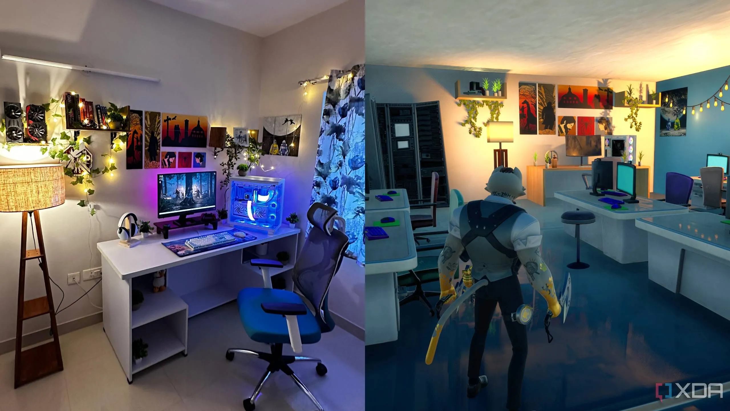 So sánh góc làm việc máy tính cá nhân trong đời thực và bản đồ Fortnite, thể hiện sự cá nhân hóa trong thiết kế