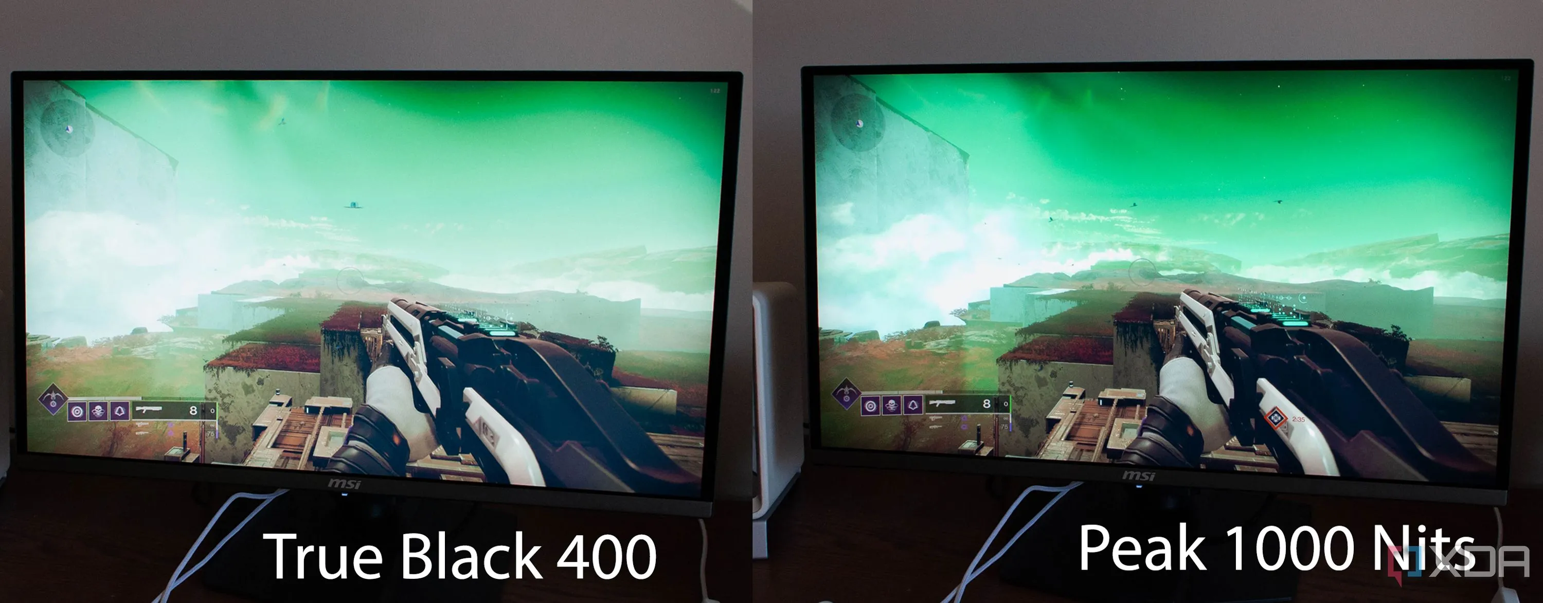 So sánh hiệu ứng HDR của MSI MPG 272URX QD-OLED ở chế độ True Black 400 và Peak 1000 Nits
