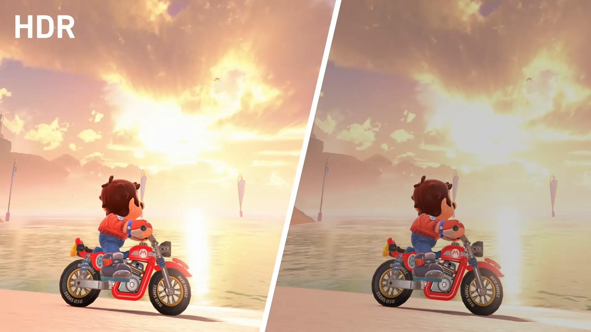 So sánh hình ảnh game Mario Kart World có và không có HDR trên Switch 2, màu sắc sống động hơn
