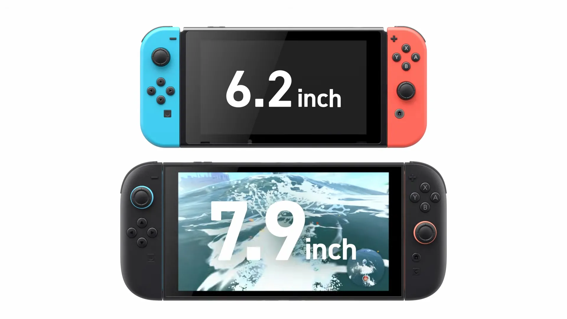 So sánh màn hình Nintendo Switch và Switch 2, cho thấy kích thước hiển thị lớn hơn đáng kể