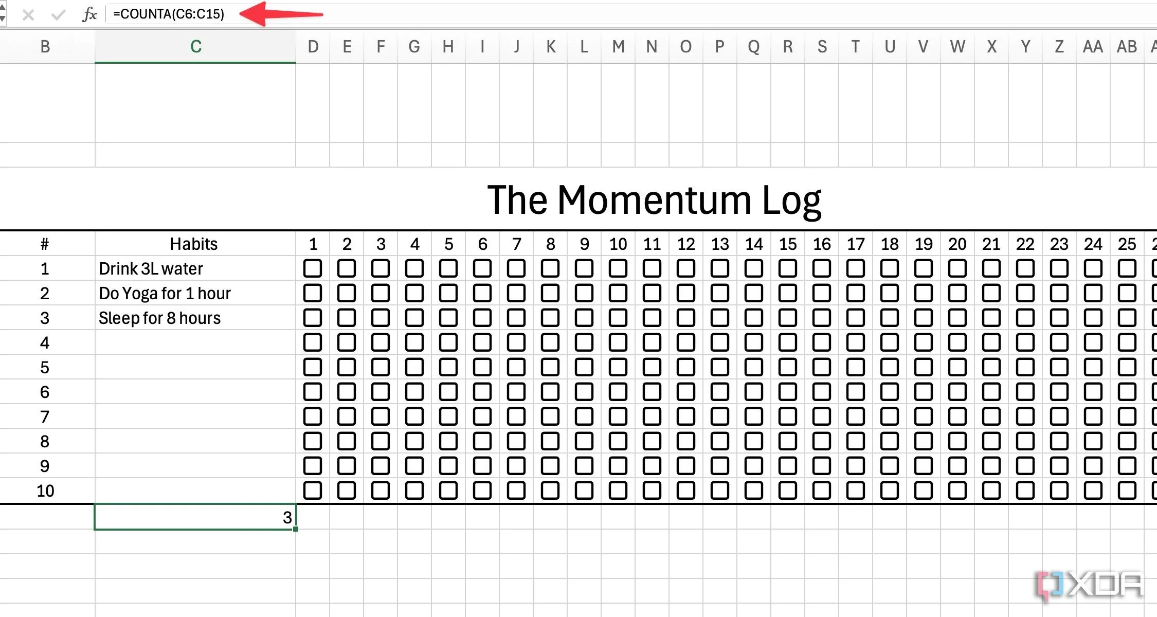 Sử dụng hàm COUNTA để tính tổng số thói quen được nhập vào Excel