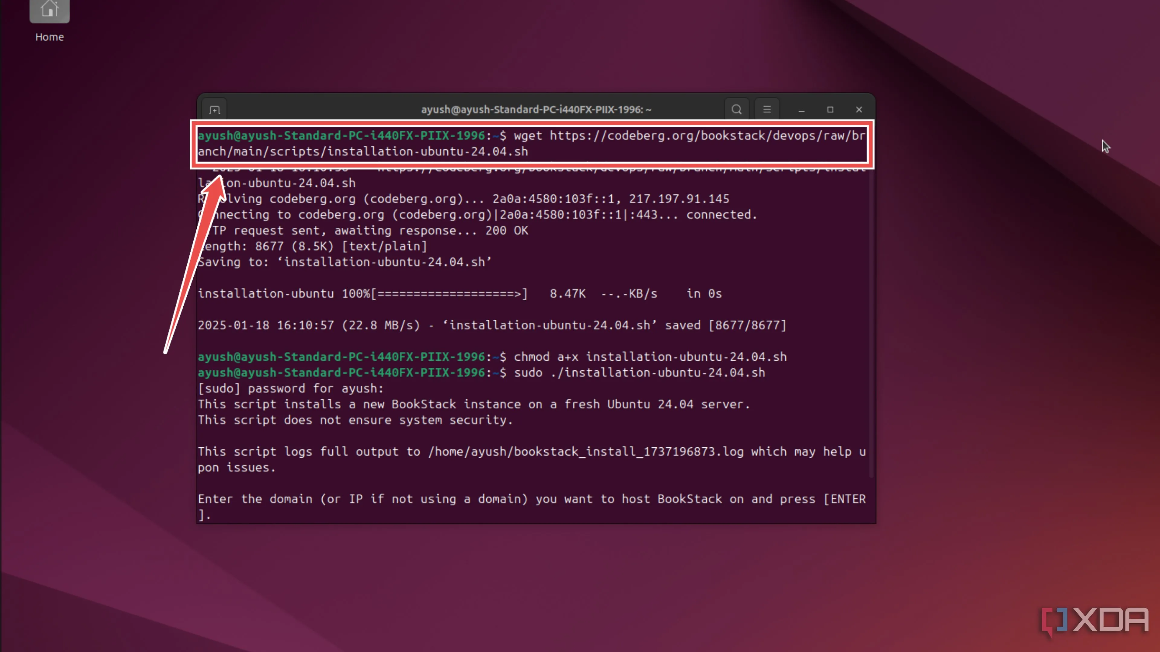 Sử dụng lệnh wget để tải script cài đặt BookStack trên hệ điều hành Ubuntu