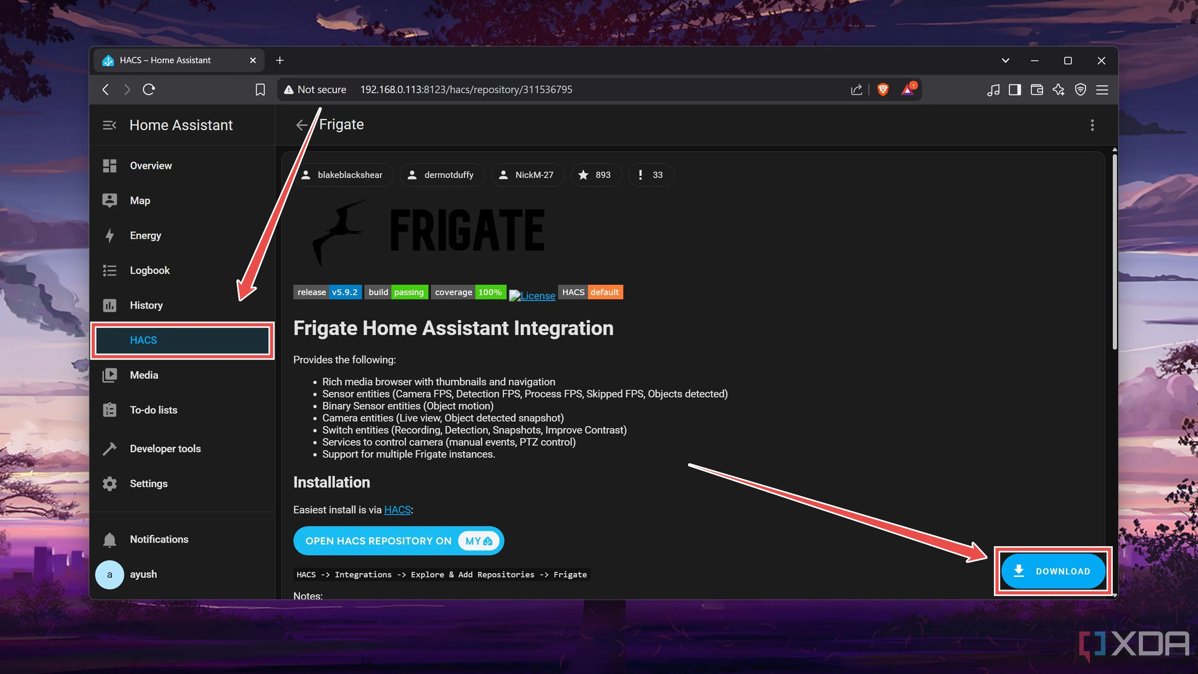 Tải tích hợp Frigate từ Home Assistant Community Store (HACS) để kết nối với máy chủ Home Assistant