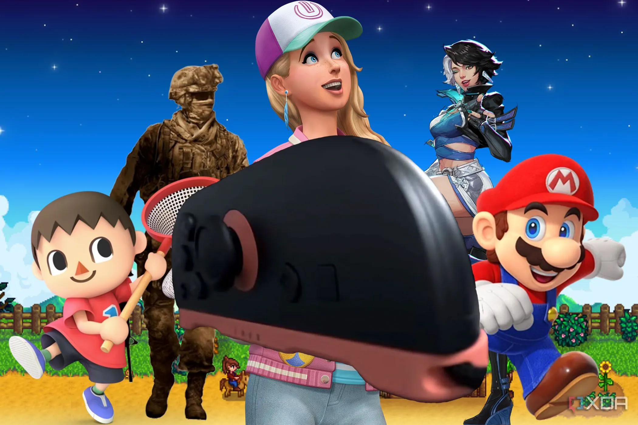 Tay cầm Joy-Con của Nintendo Switch 2 giữa các nhân vật game đa dạng, gợi mở về tính năng chuột tiềm năng và các thể loại game được hưởng lợi