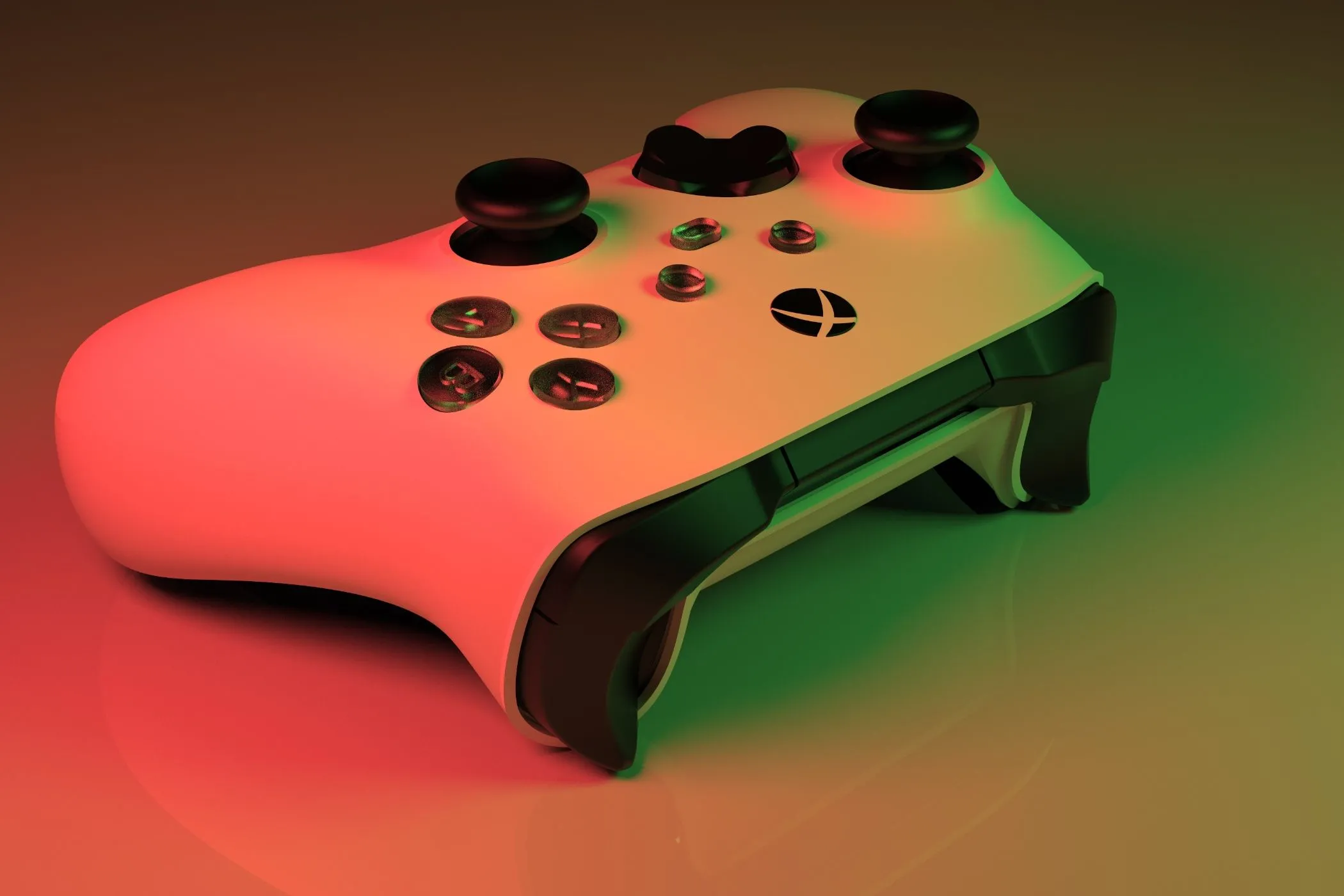Tay cầm Xbox Series X màu trắng chiếu sáng bởi ánh đèn xanh đỏ, đại diện cho sự phổ biến của console gaming so với PC