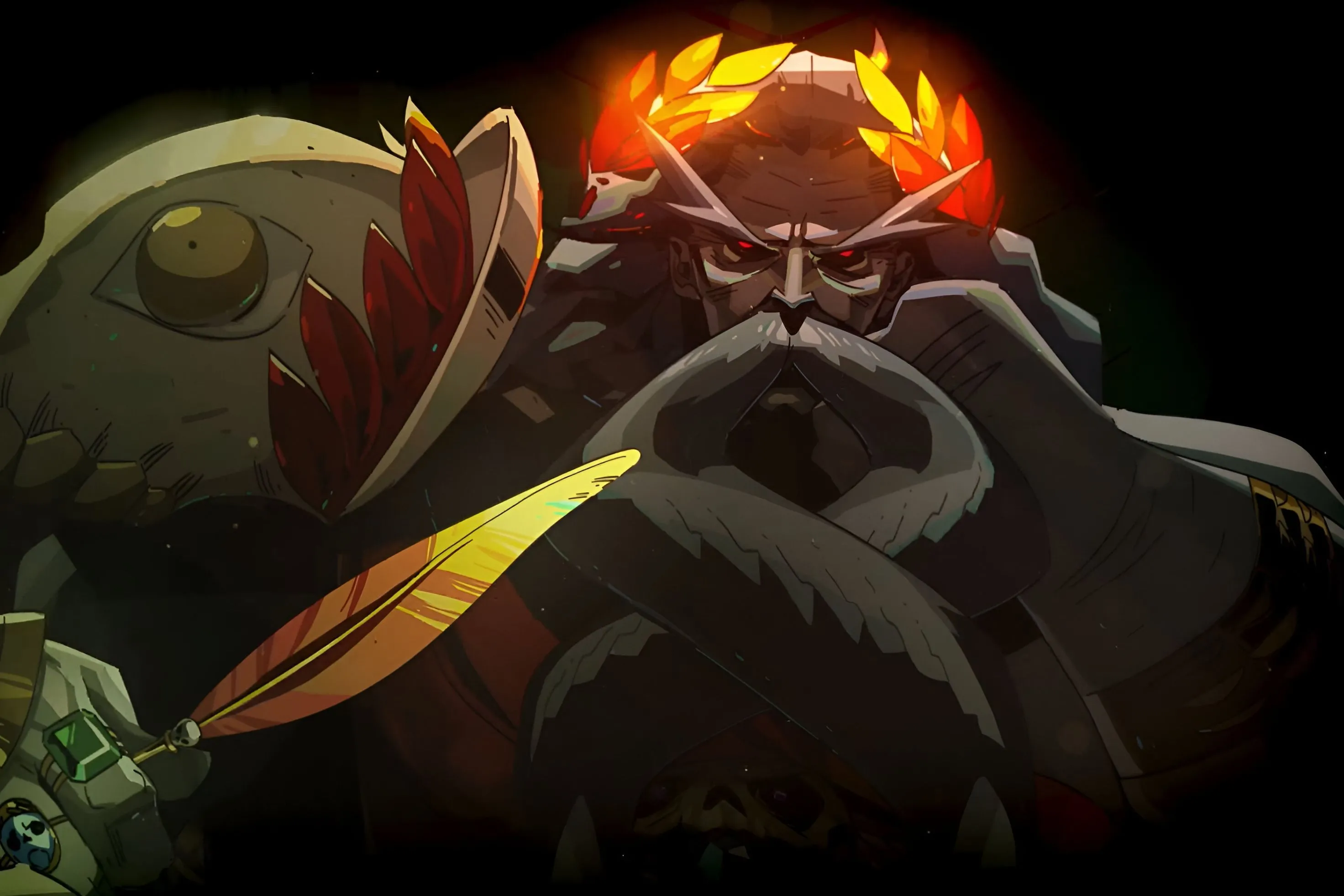 Thần Hades với chiếc bút lông vàng, biểu cảm uy nghiêm trong game Hades của Supergiant Games.