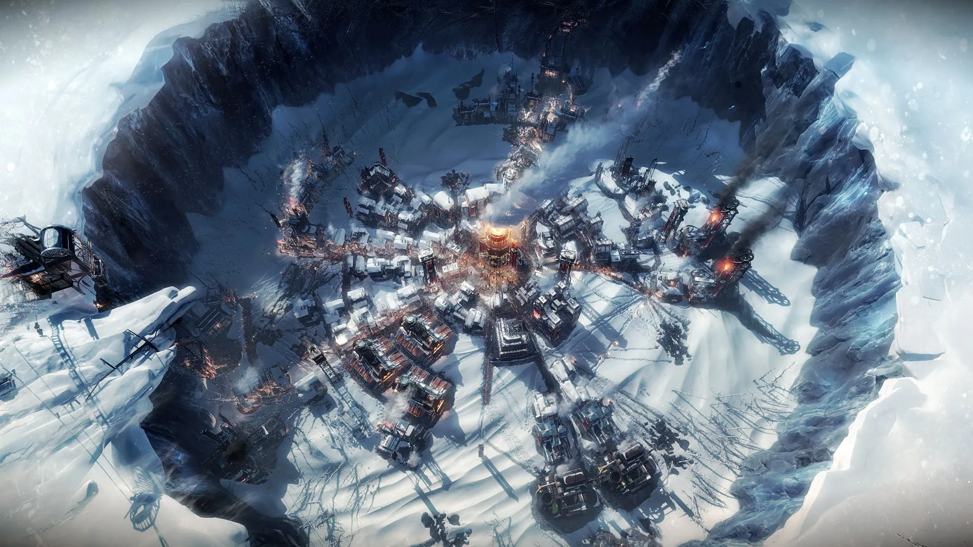 Thành phố New London trong bối cảnh mùa đông khắc nghiệt của Frostpunk, với lò phản ứng hơi nước trung tâm tỏa nhiệt và khói bụi
