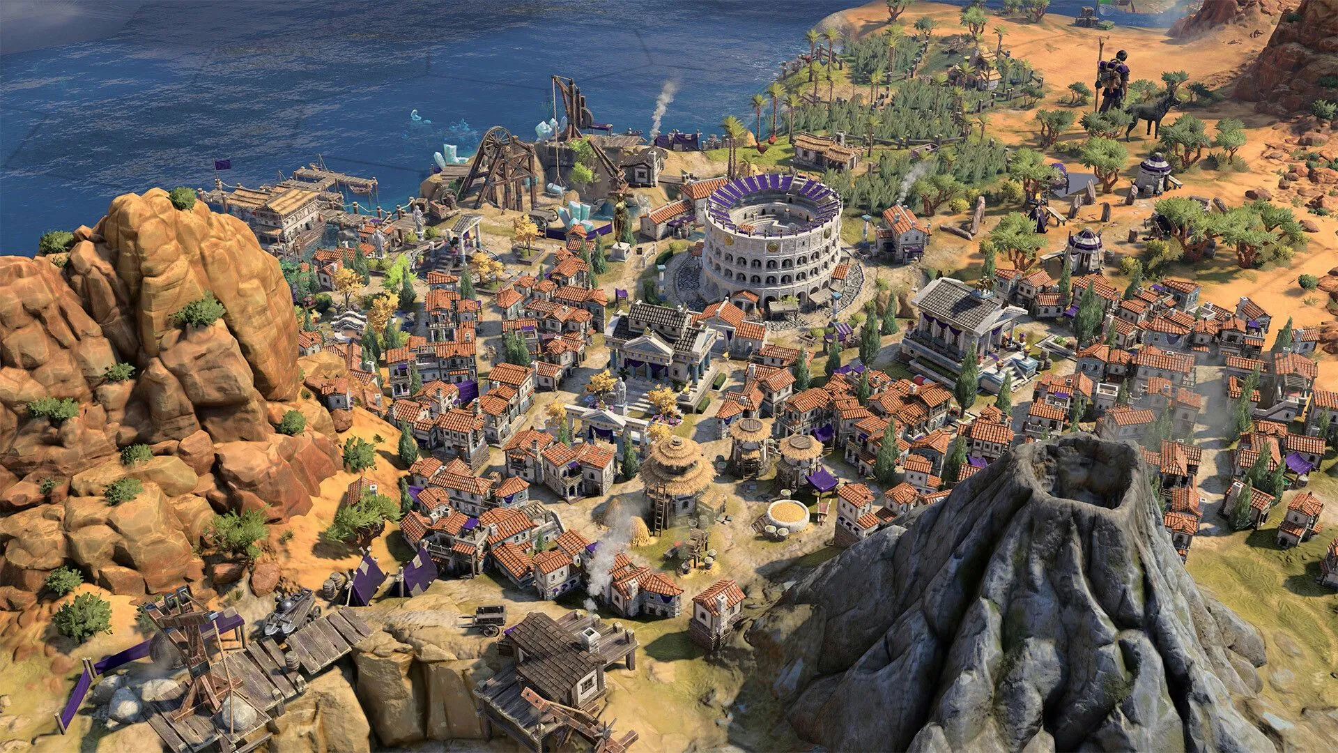 Thành phố tráng lệ ven biển trong Sid Meier's Civilization VII, thể hiện sự phát triển qua các thời đại của một nền văn minh trong game chiến thuật.