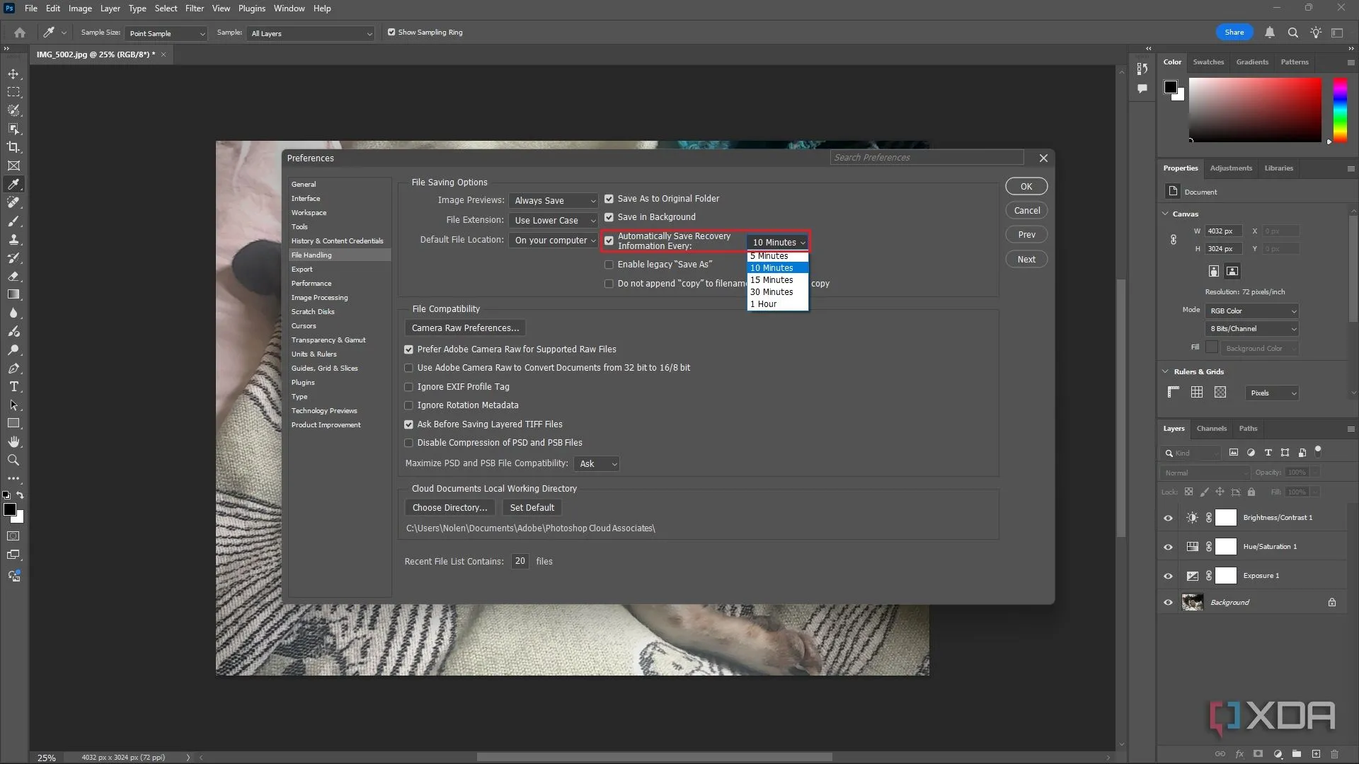 Thay đổi tần suất tự động lưu (Auto-Save) trong cài đặt File Handling của Photoshop