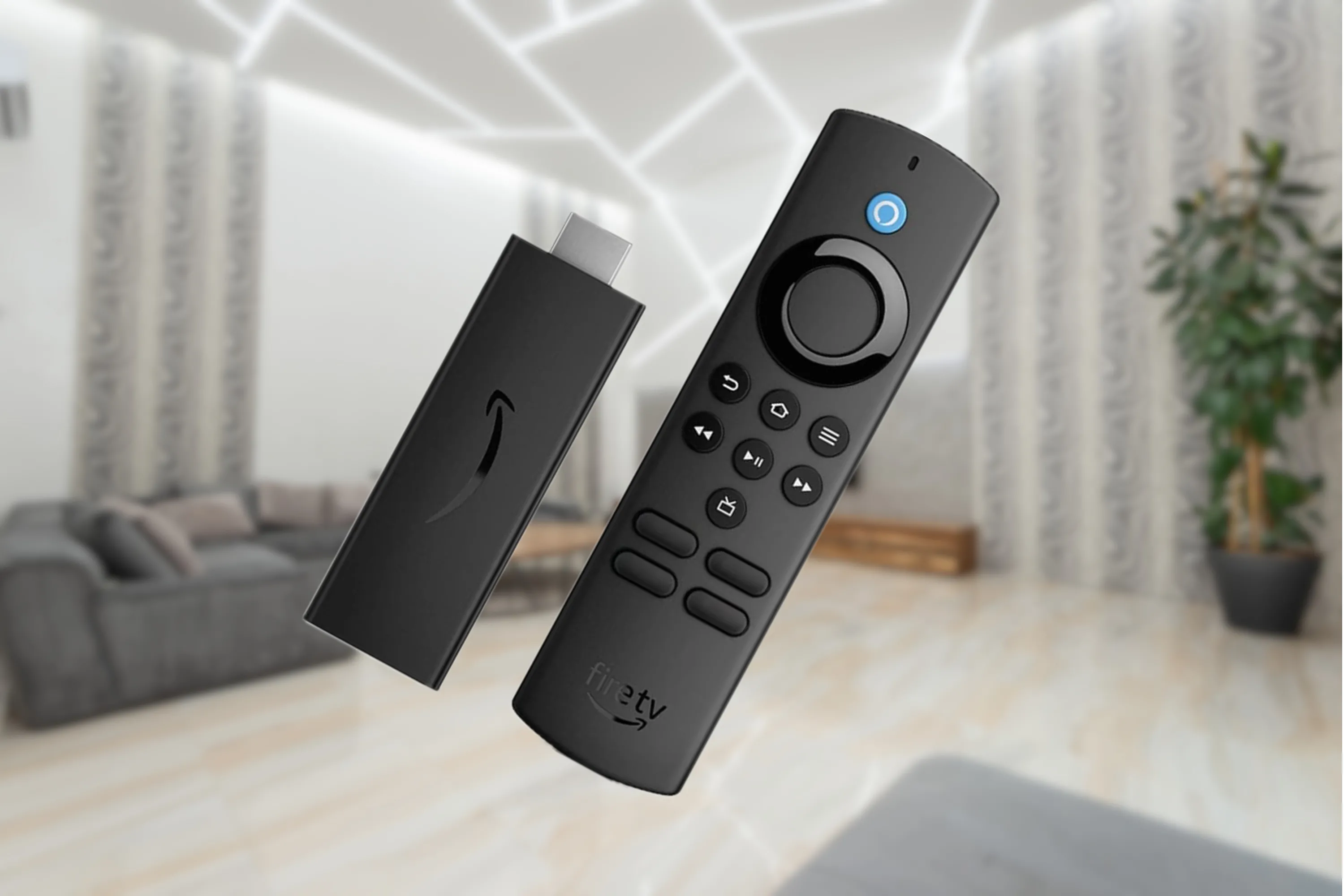 Thiết bị Amazon Fire TV Stick cắm vào TV, biến đổi không gian phòng khách hiện đại