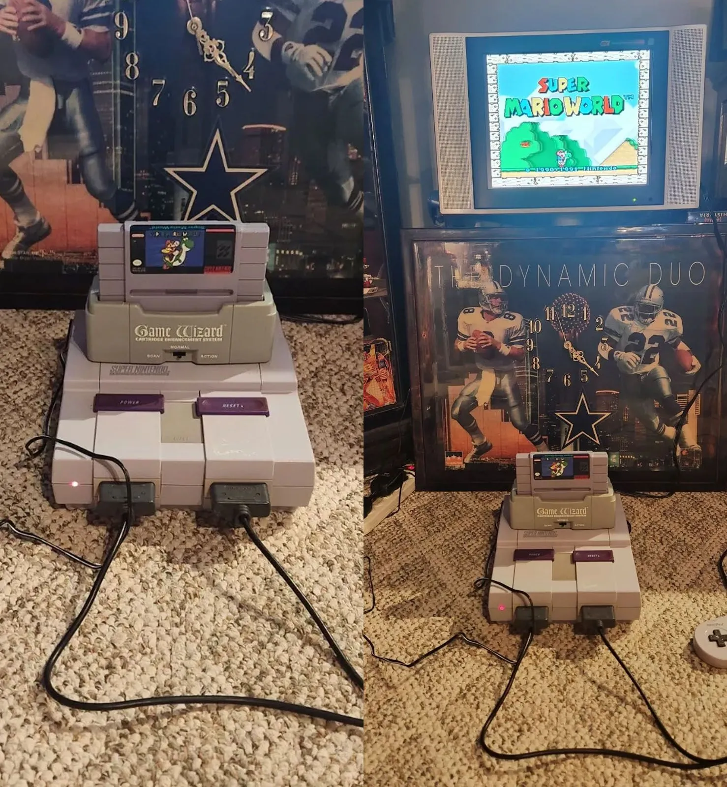 Thiết bị Game Wizard cắm vào máy SNES và kết nối với TV
