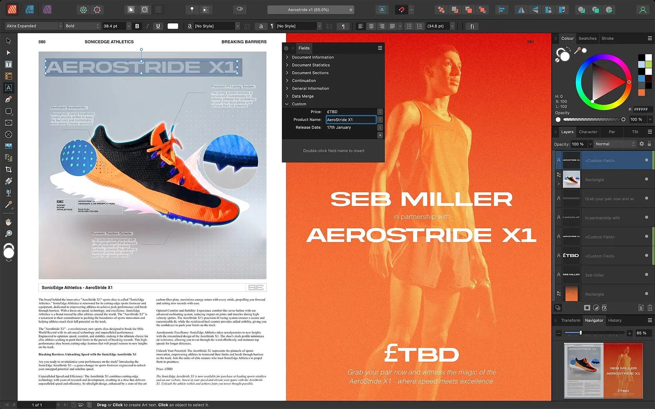 Thiết kế bố cục trong Affinity Publisher với văn bản động, thể hiện khả năng dàn trang linh hoạt