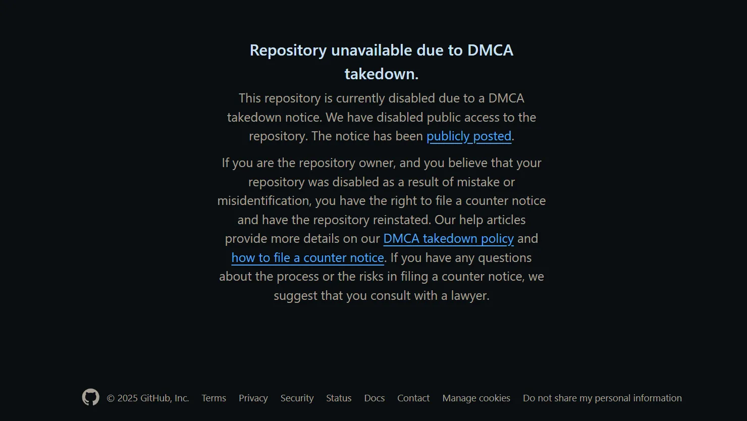 Thông báo gỡ bỏ nội dung DMCA trên GitHub, cho thấy rủi ro pháp lý đối với các dự án mã nguồn mở