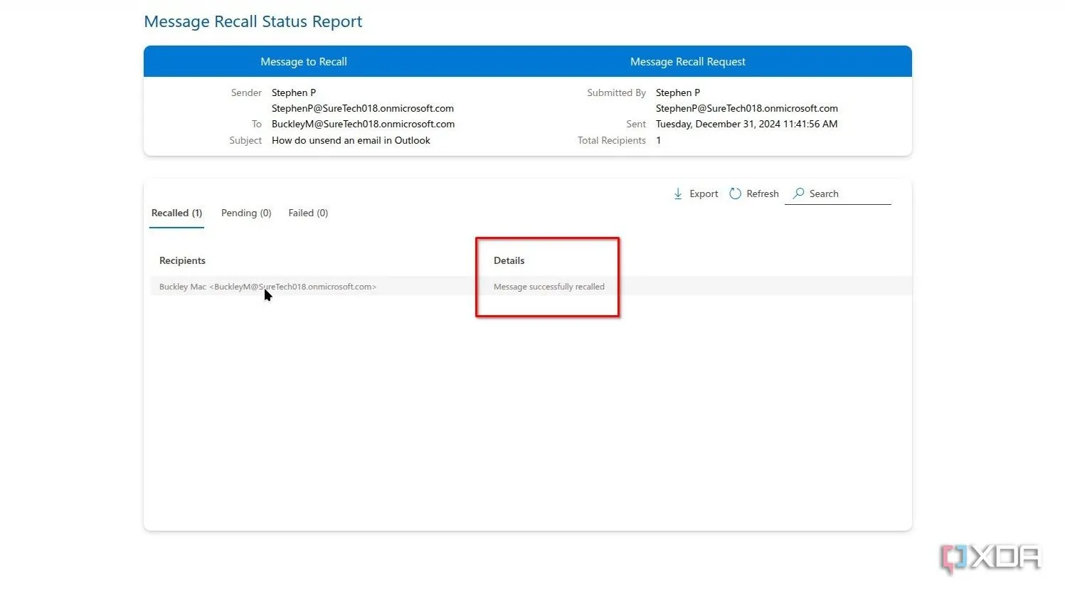Thông báo xác nhận thành công về việc thu hồi email trong Outlook, hiển thị kết quả cho người dùng.