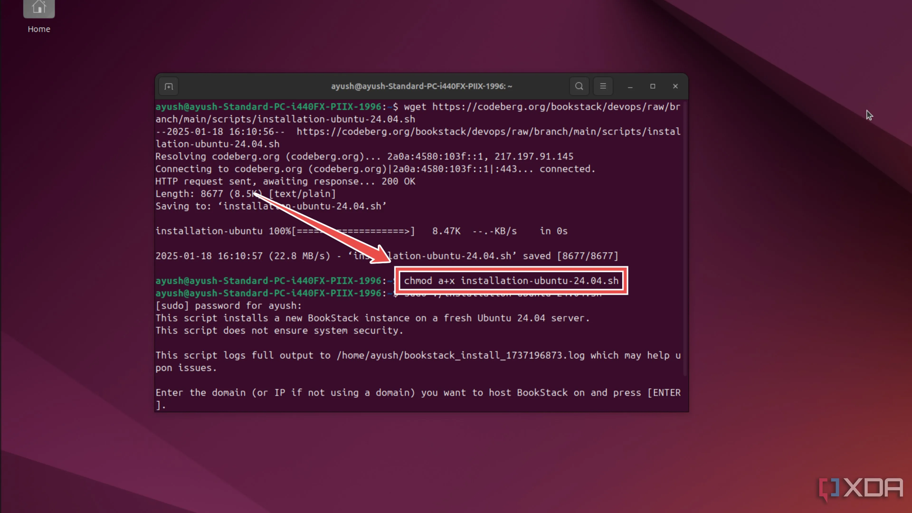Thực thi lệnh chmod a+x để cấp quyền chạy cho script cài đặt BookStack trên Ubuntu