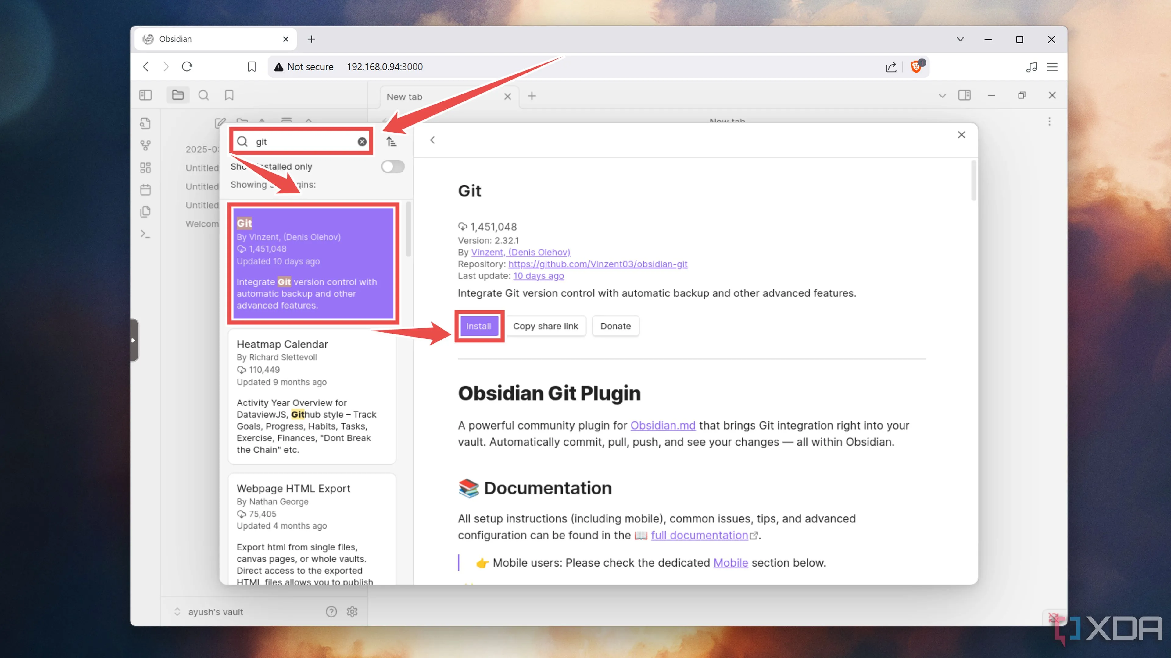 Tìm và cài đặt plugin Git trong Obsidian