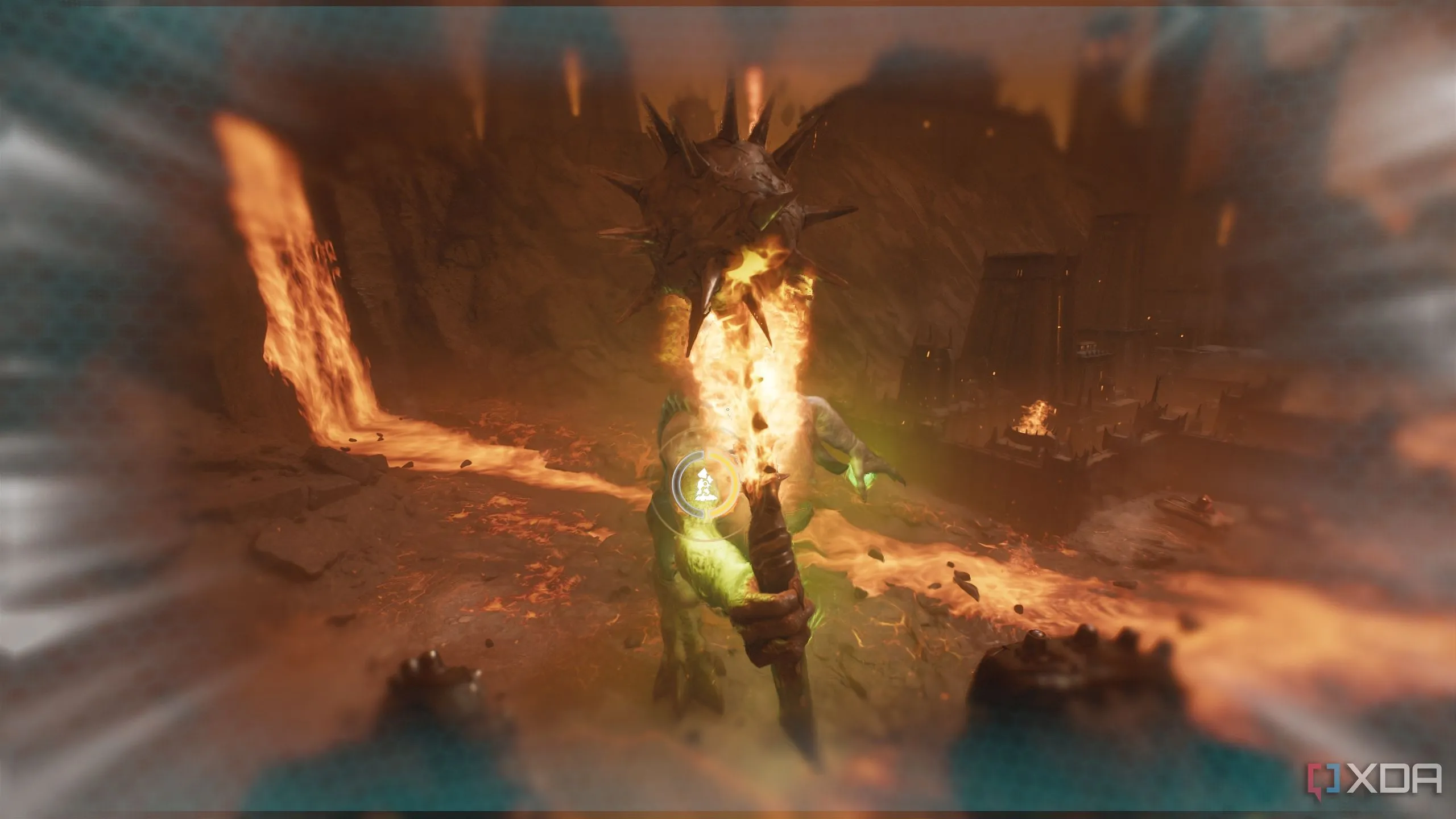 Titan đang thực hiện đòn tấn công có thể đỡ được (parryable attack), cơ hội thực hiện Perfect Dodge trong Doom The Dark Ages.