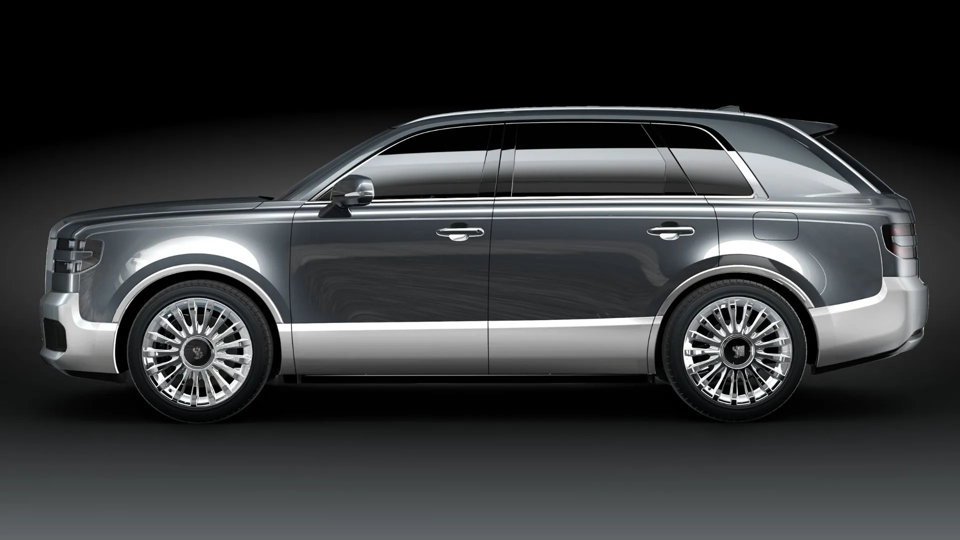 Toyota Century màu xám bạc từ góc nhìn bên hông, nền đen trong studio.
