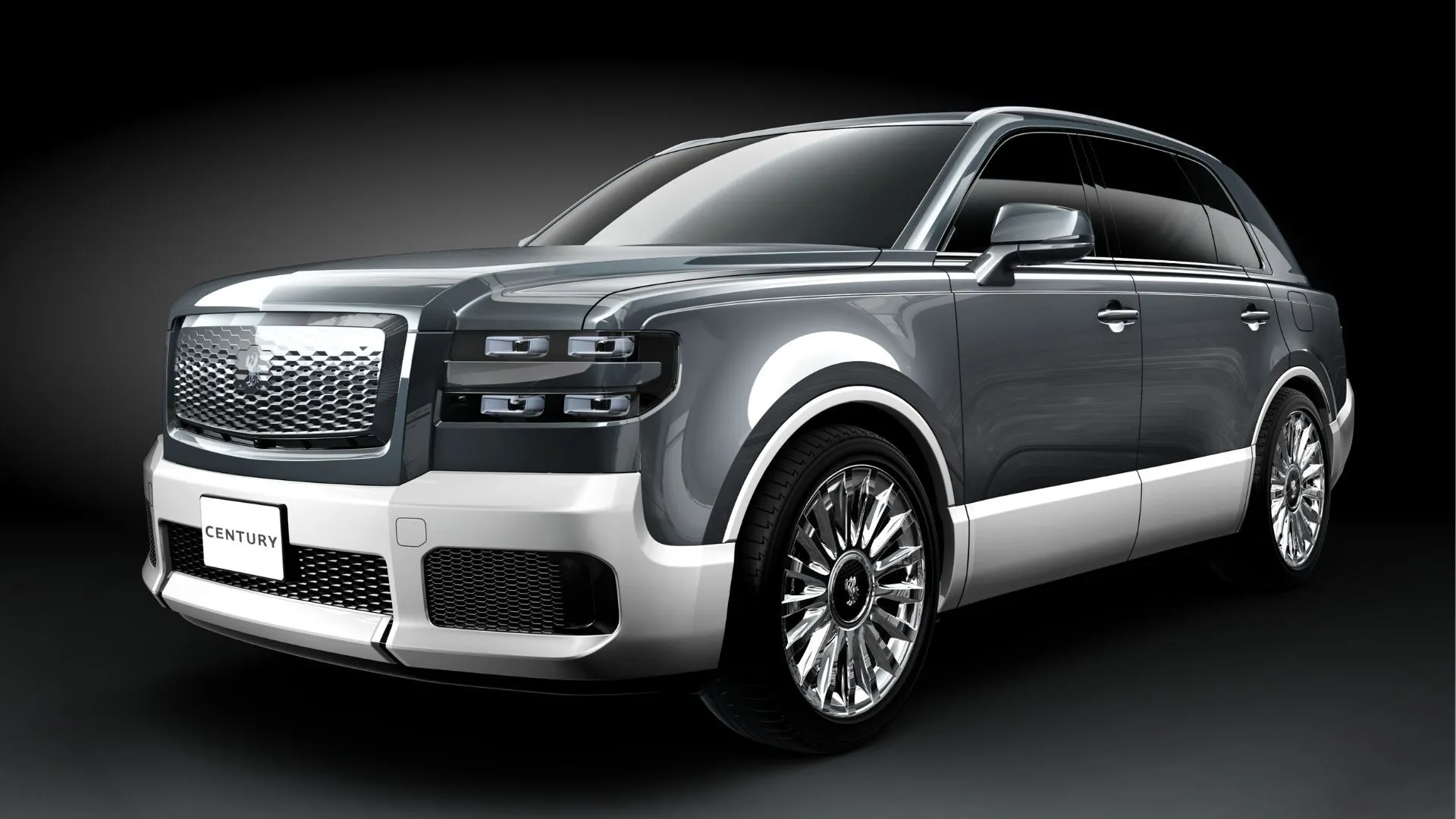 Toyota Century SUV màu xám với nền đen trong studio