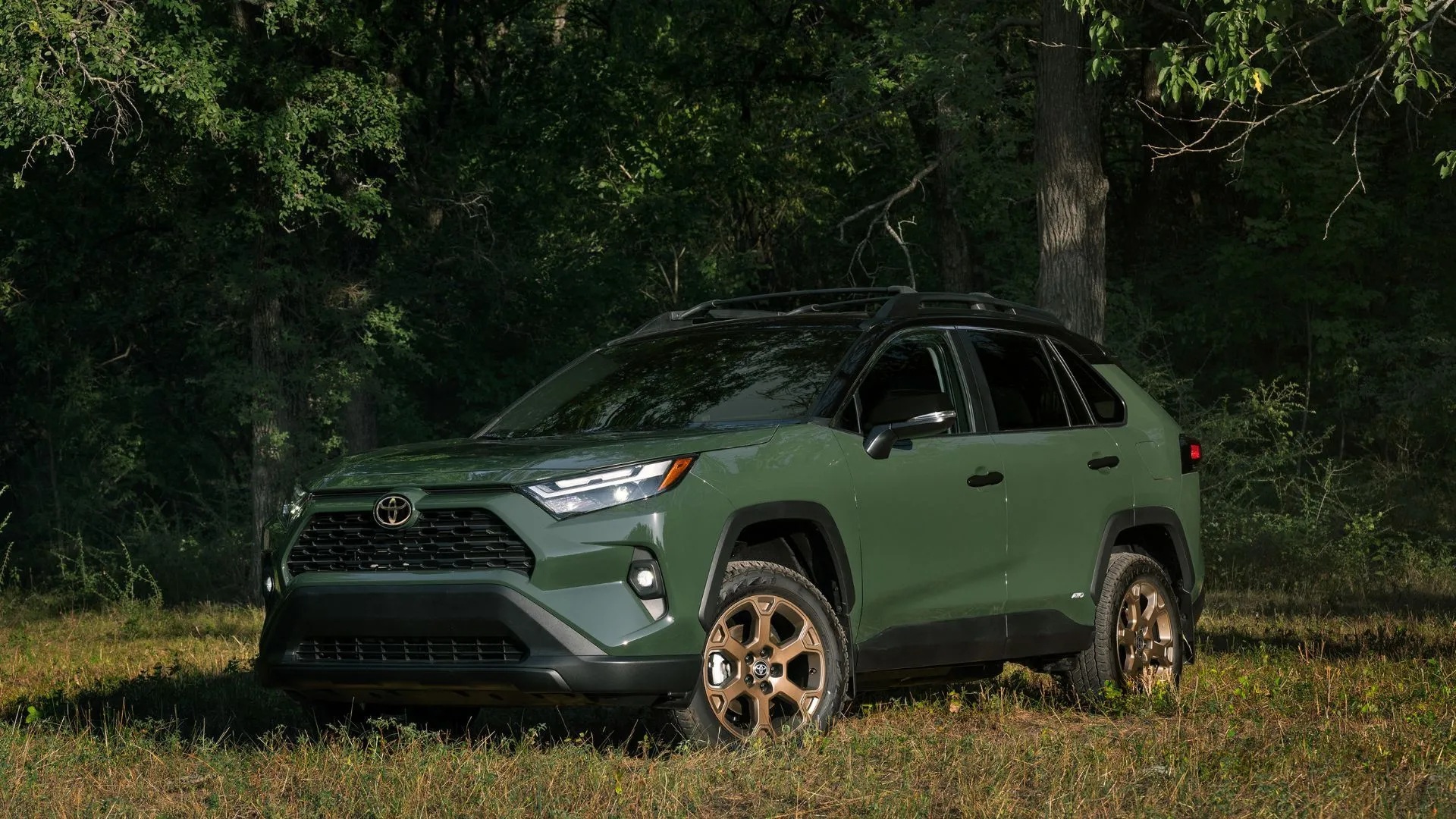 Toyota RAV4 Hybrid Woodland 2025 màu xanh quân đội đỗ trên bãi cỏ với cây cối phía sau.