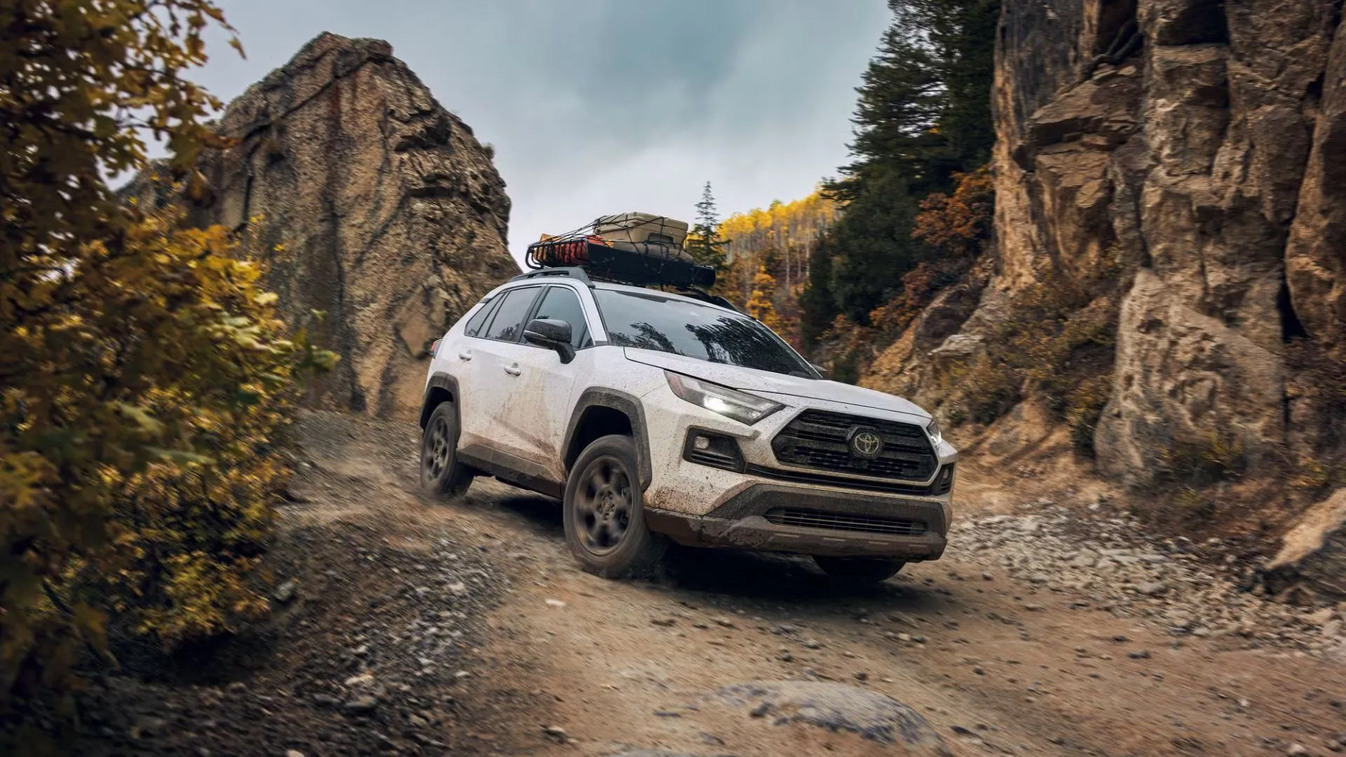 Toyota RAV4 TRD Offroad 2024 màu trắng mạnh mẽ trên địa hình, minh họa khả năng vận hành của dòng RAV4