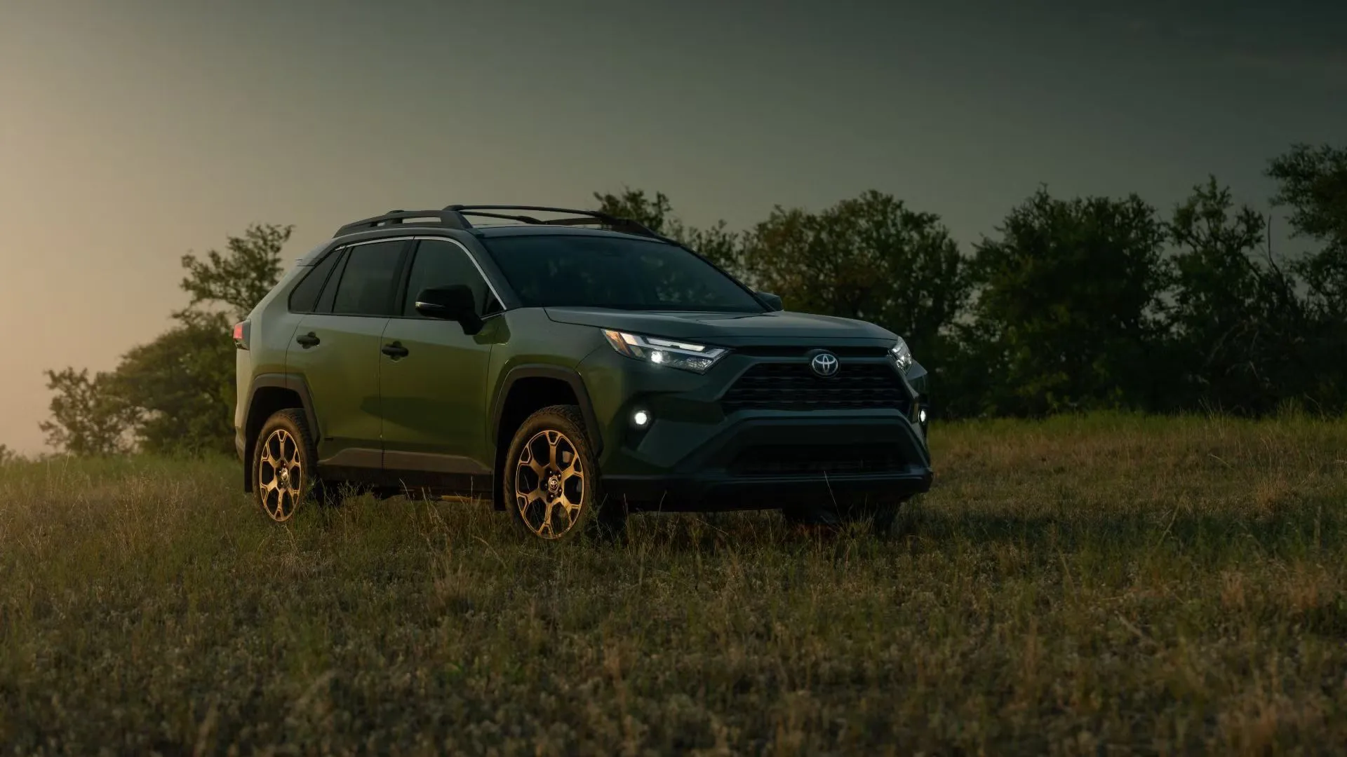 Toyota RAV4 Woodland Edition 2024 màu xanh lá cây đậu trên bãi cỏ, một phiên bản SUV hybrid độc đáo