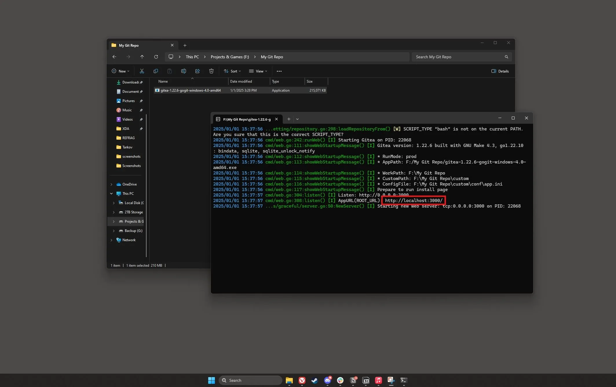 Trang cấu hình Gitea với tùy chọn cơ sở dữ liệu SQLite3