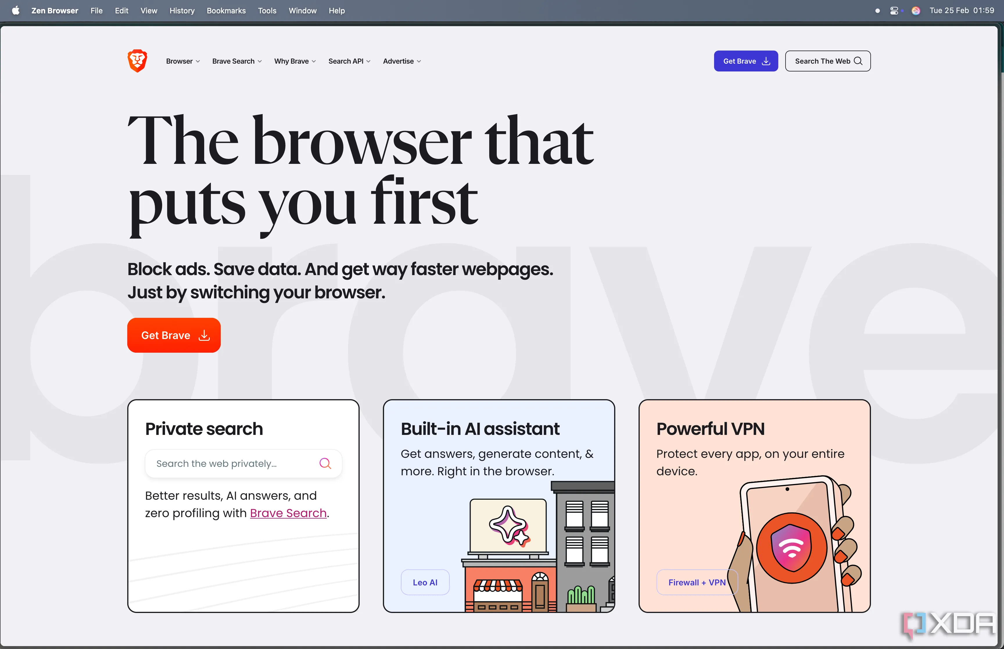Trang chủ Brave Browser hiển thị thông tin về quyền riêng tư và Brave Rewards