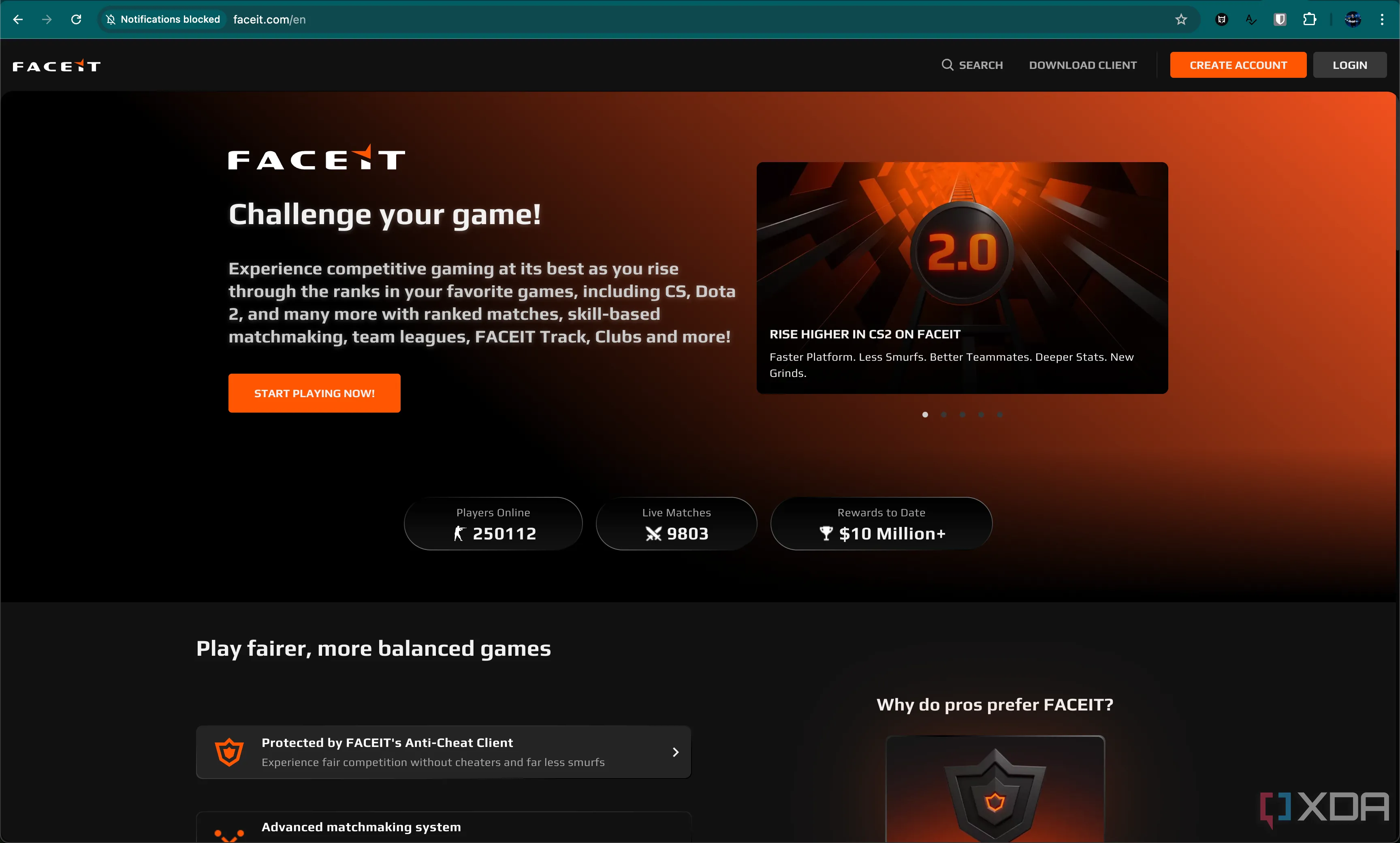 Trang chủ Faceit với logo và các trận đấu đang diễn ra của Counter-Strike 2