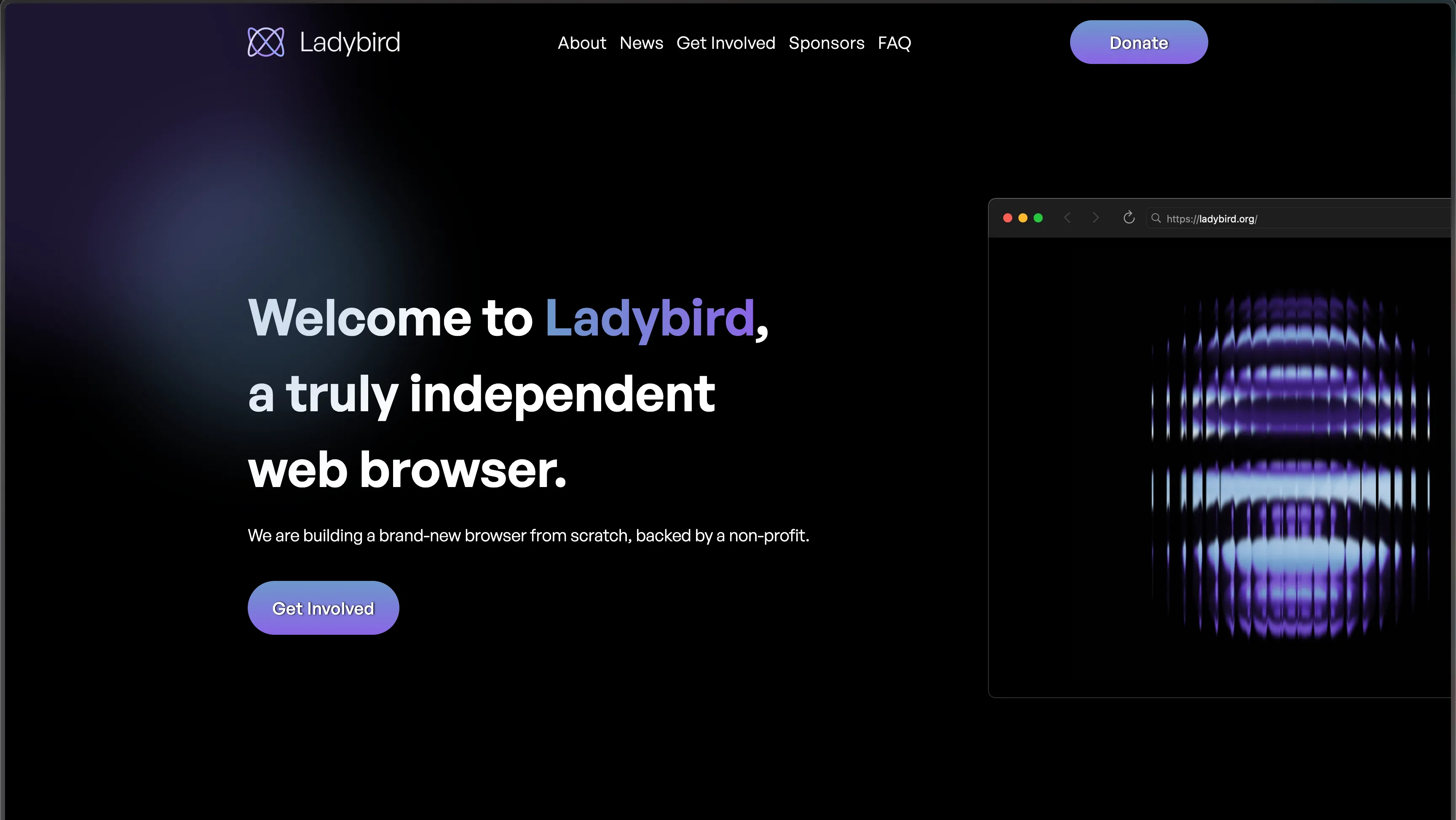 Trang chủ trình duyệt Ladybird hiển thị giao diện web