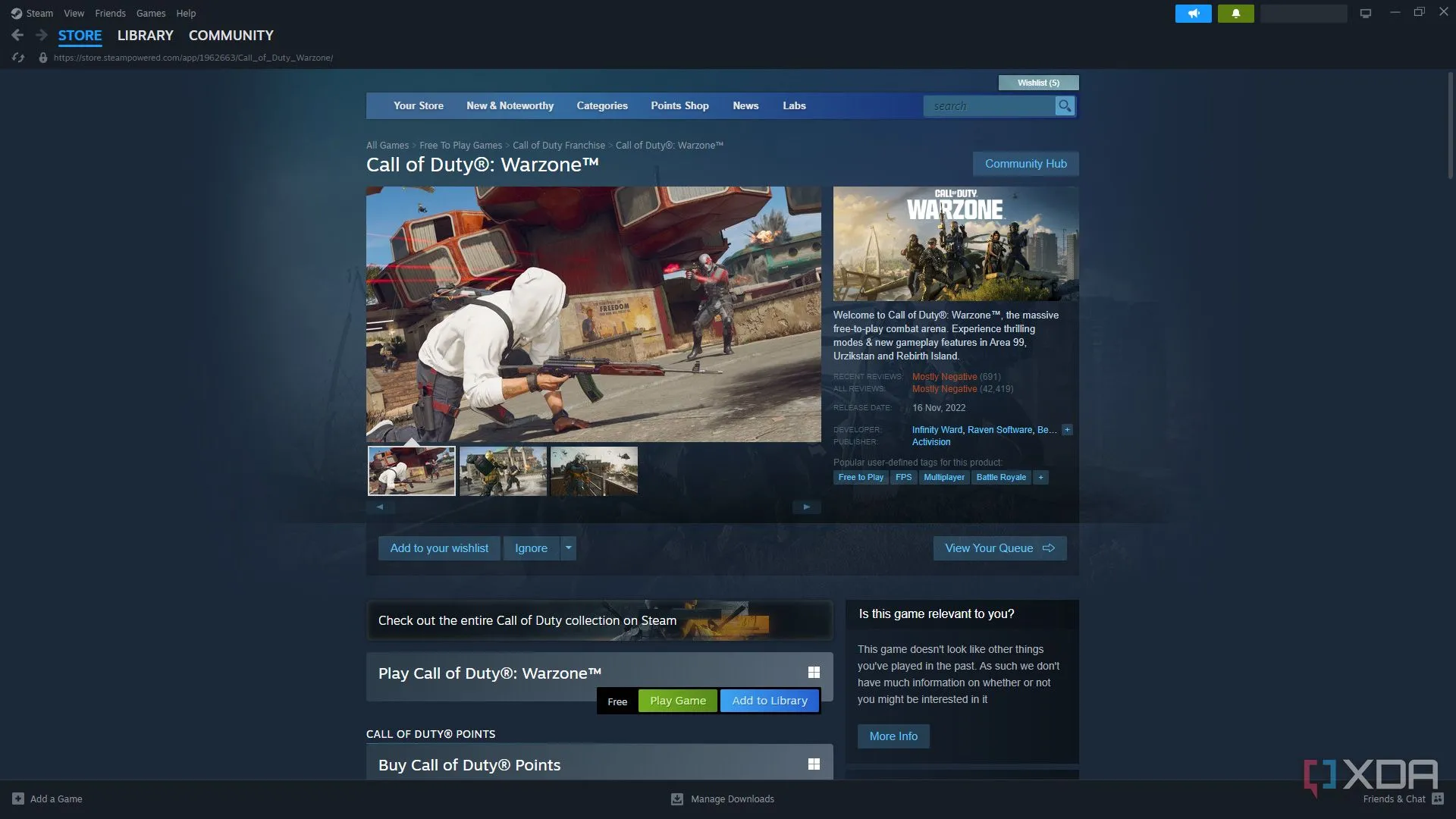 Trang cửa hàng của game Call of Duty: Warzone trên Steam, thể hiện dung lượng game lớn.