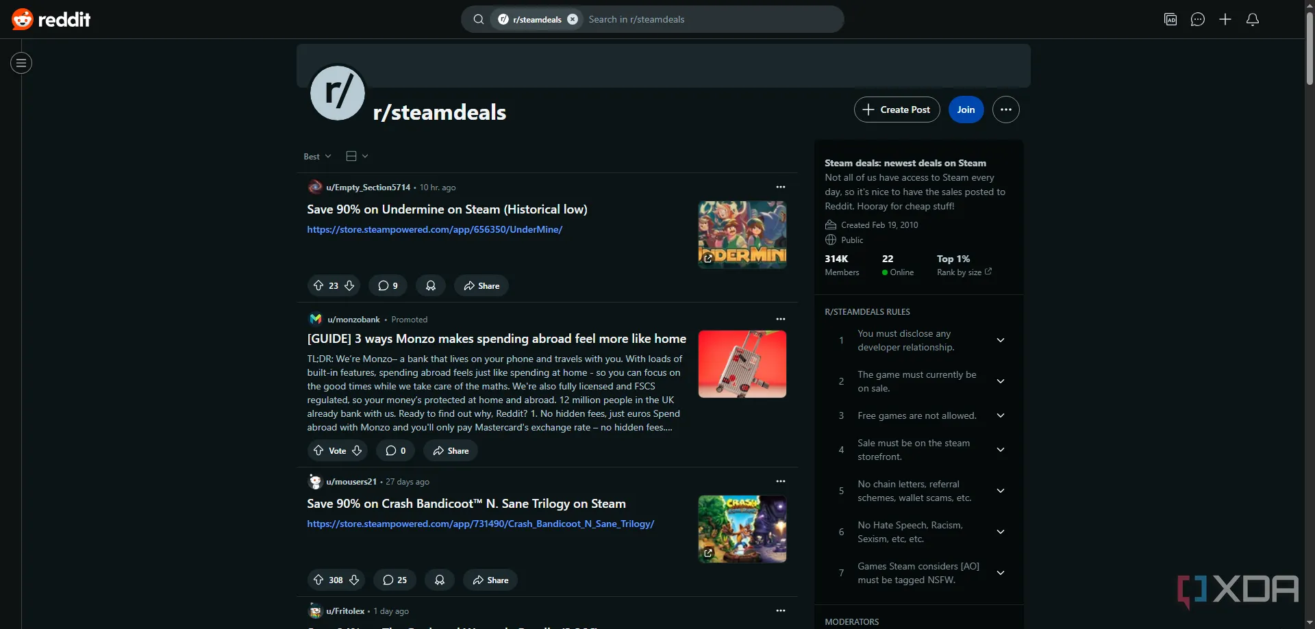 Trang subreddit Steam Deals trên Reddit hiển thị các ưu đãi game mới nhất