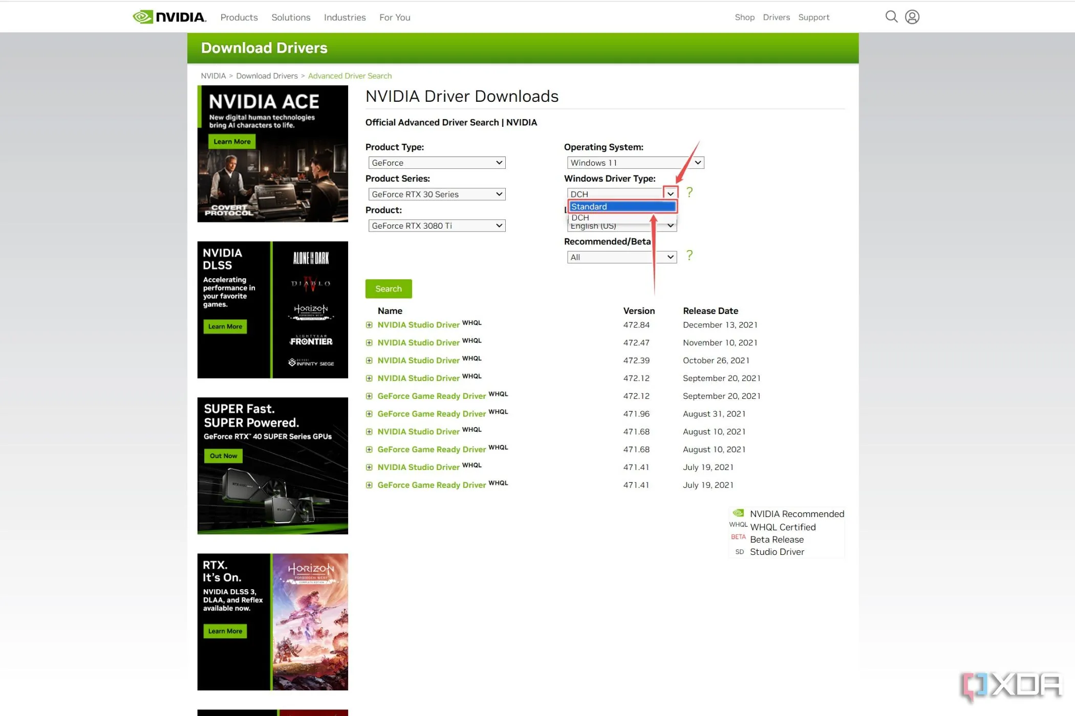 Trang tải driver Nvidia với tùy chọn Standard driver được chọn